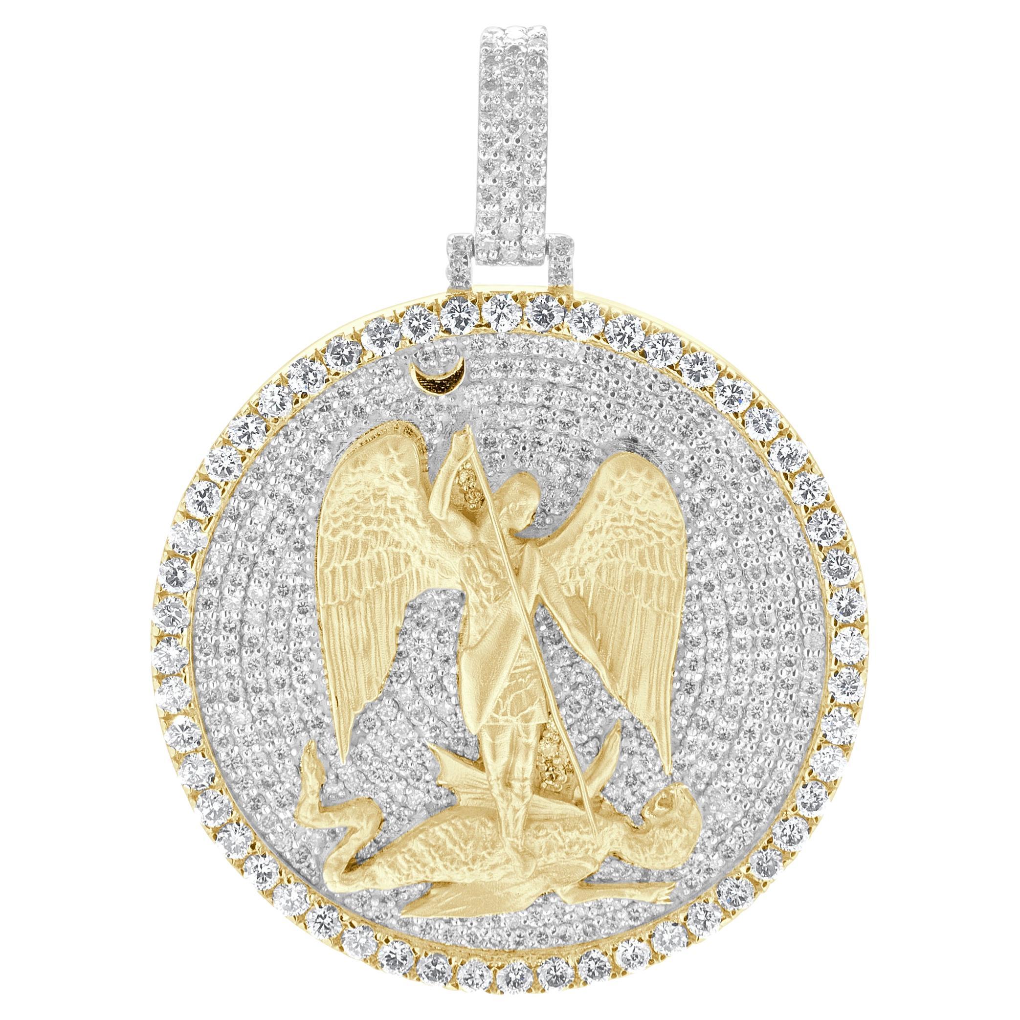 14 Karat YG Pave Diamond Saint Michael the Archangel Slaying the Dragon Pendant For Sale