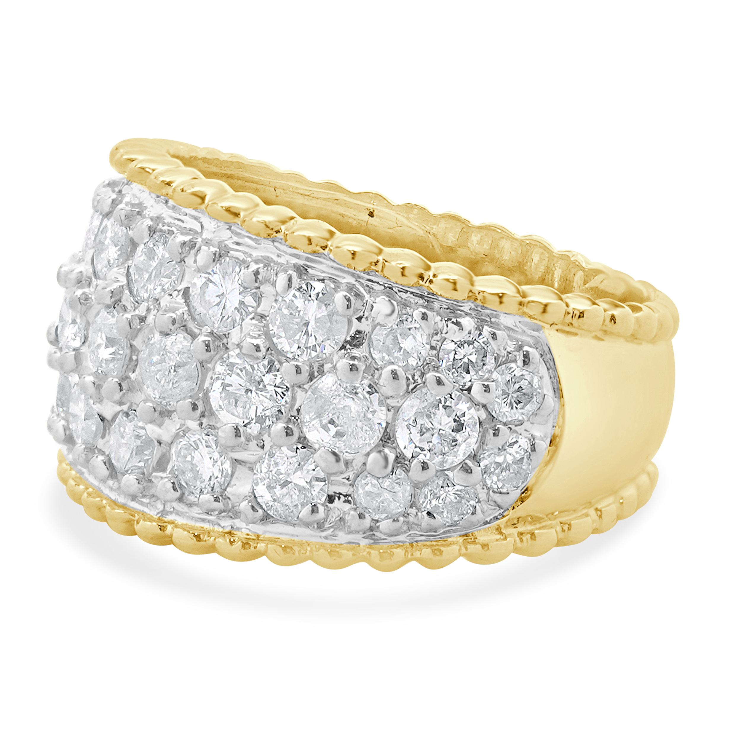 Designer: custom
Material: 14K yellow gold
Diamond: 33 round brilliant cut = 2.00cttw
Color: H
Clarity: SI2
Ring size: 6.25 (please allow two additional shipping days for sizing requests)
Weight: 6.20 grams
