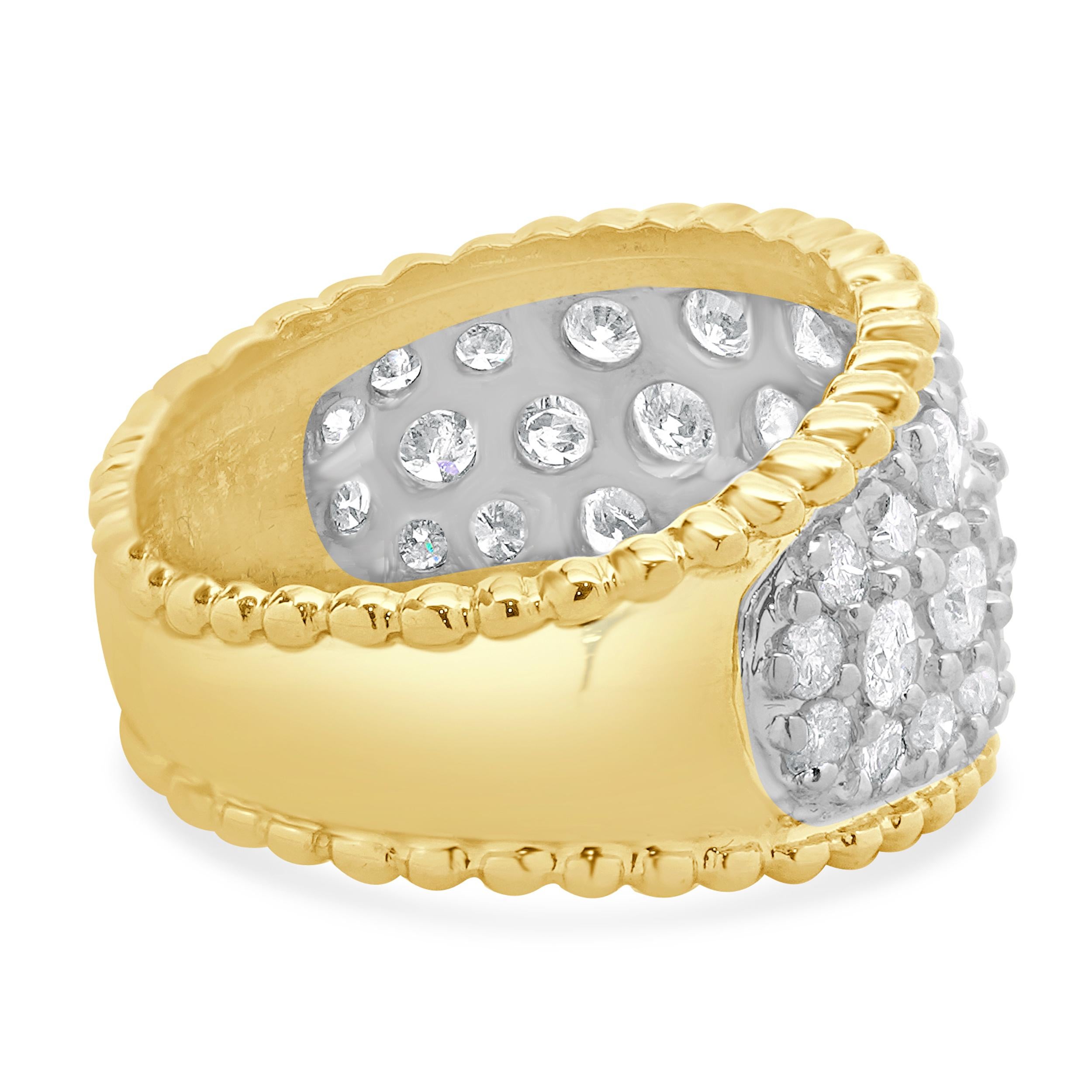Round Cut 14 Karat Yellow Gold Pave Diamond Scalloped Cigar Band For Sale