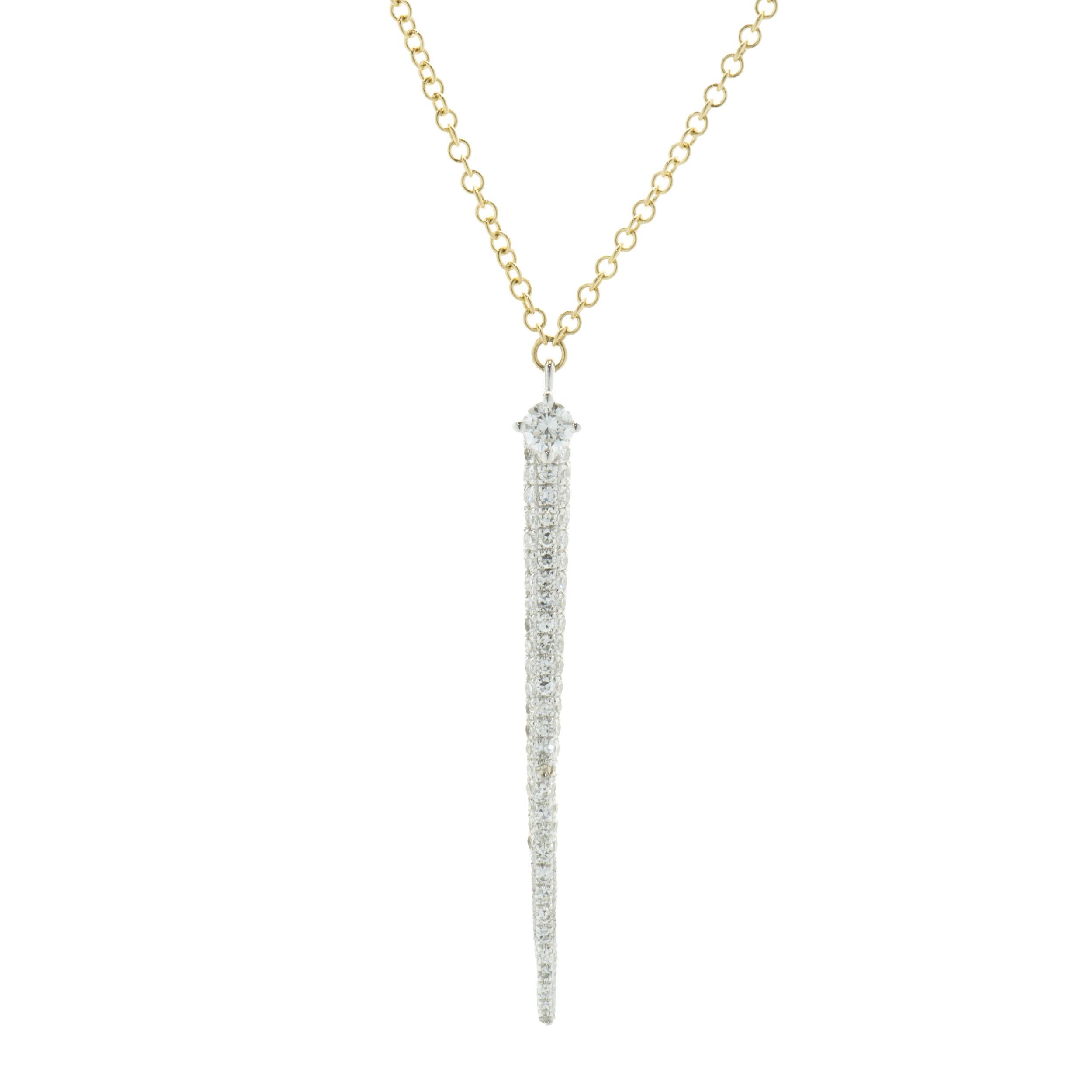 Designer: custom
Material: 14K yellow gold
Diamonds: 68 round brilliant cut = 0.26cttw
Color: G
Clarity: VS1-2
Weight: 1.76 grams
Dimensions: necklace measures 16-inches long