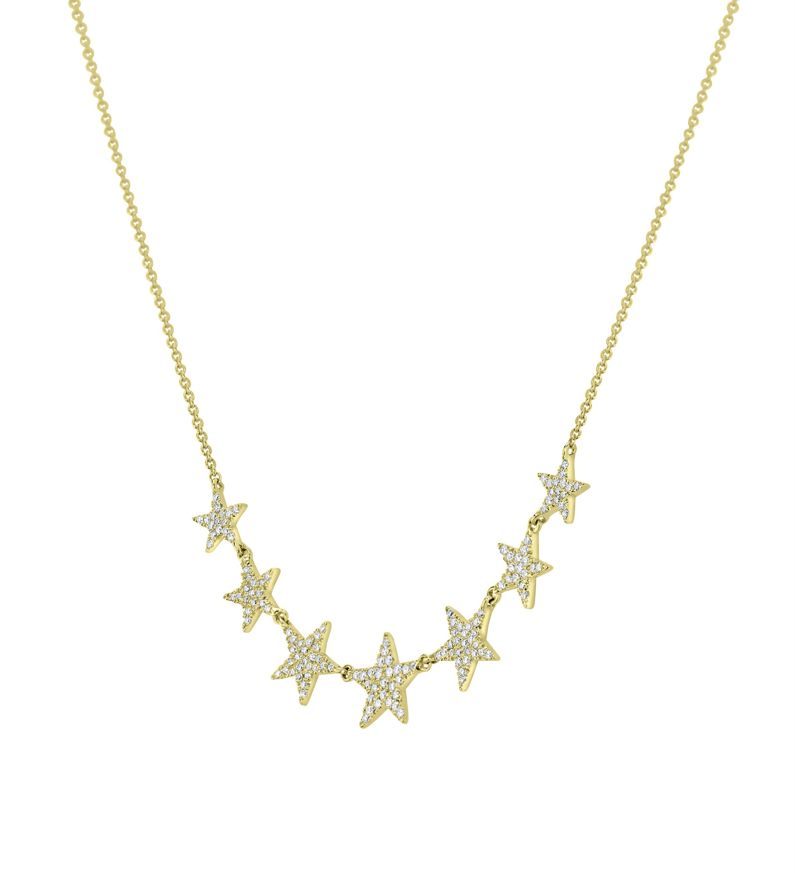Wear your wishes around your neck with this charming star necklace by Luxle. It is made of 136 round diamonds on pave. It comes with a lobster clasp and the hanging length is 15 inches.

Please follow the Luxury Jewels storefront to view the latest