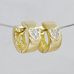 14 Karat Yellow Gold Pave Heart Hoop Earrings