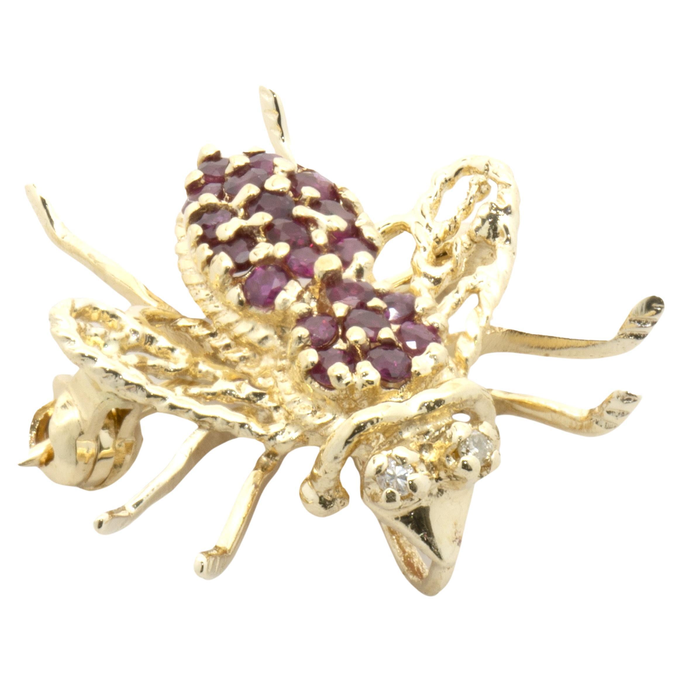 14 Karat Yellow Gold Pave Ruby and Diamond Bee Pin For Sale