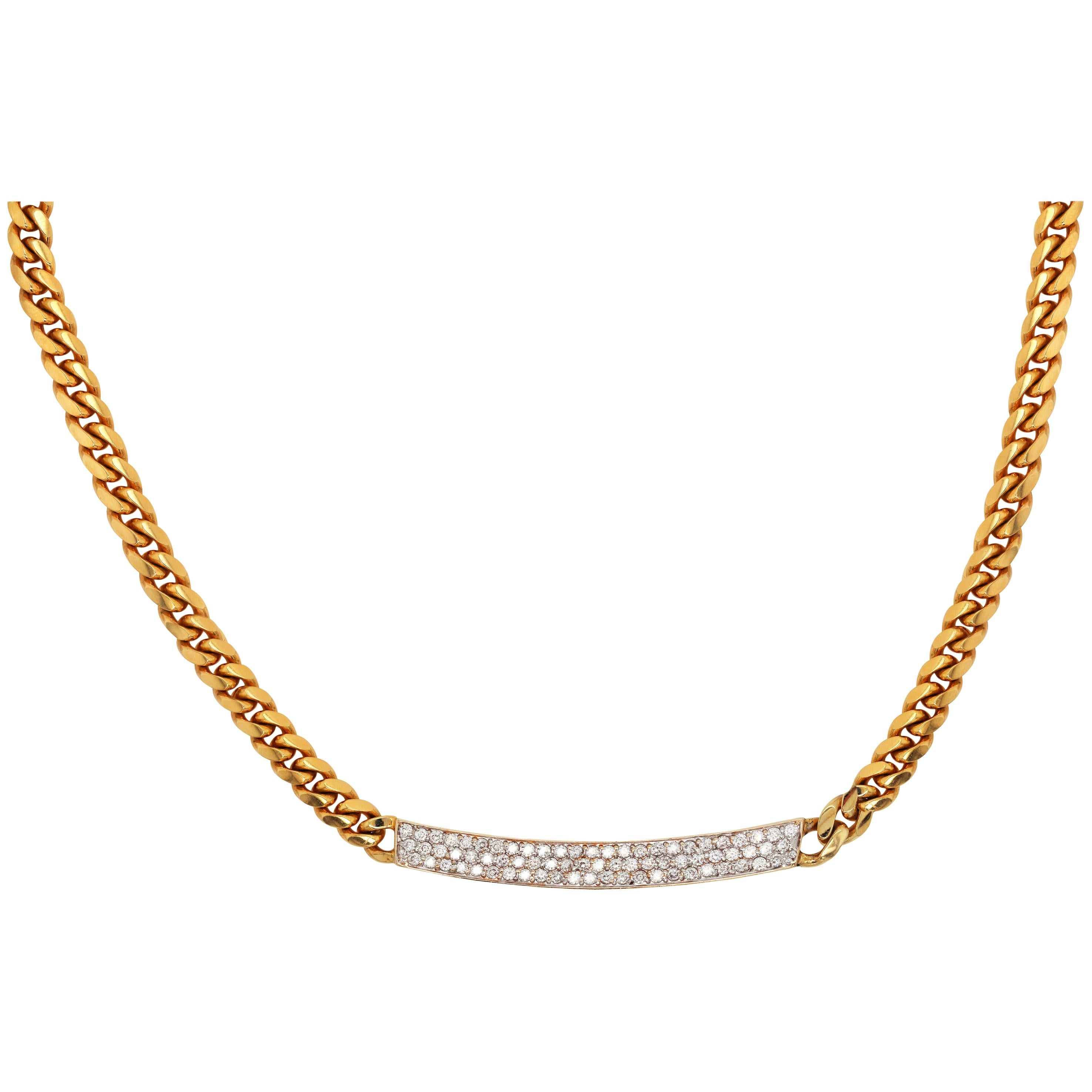 14 Karat Yellow Gold Pavé Set Diamonds Bar Pendant Cuban Link Chain Necklace For Sale