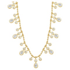 14 Karat Yellow Gold Pear Cut and Round Diamond Drop Beaded Necklace