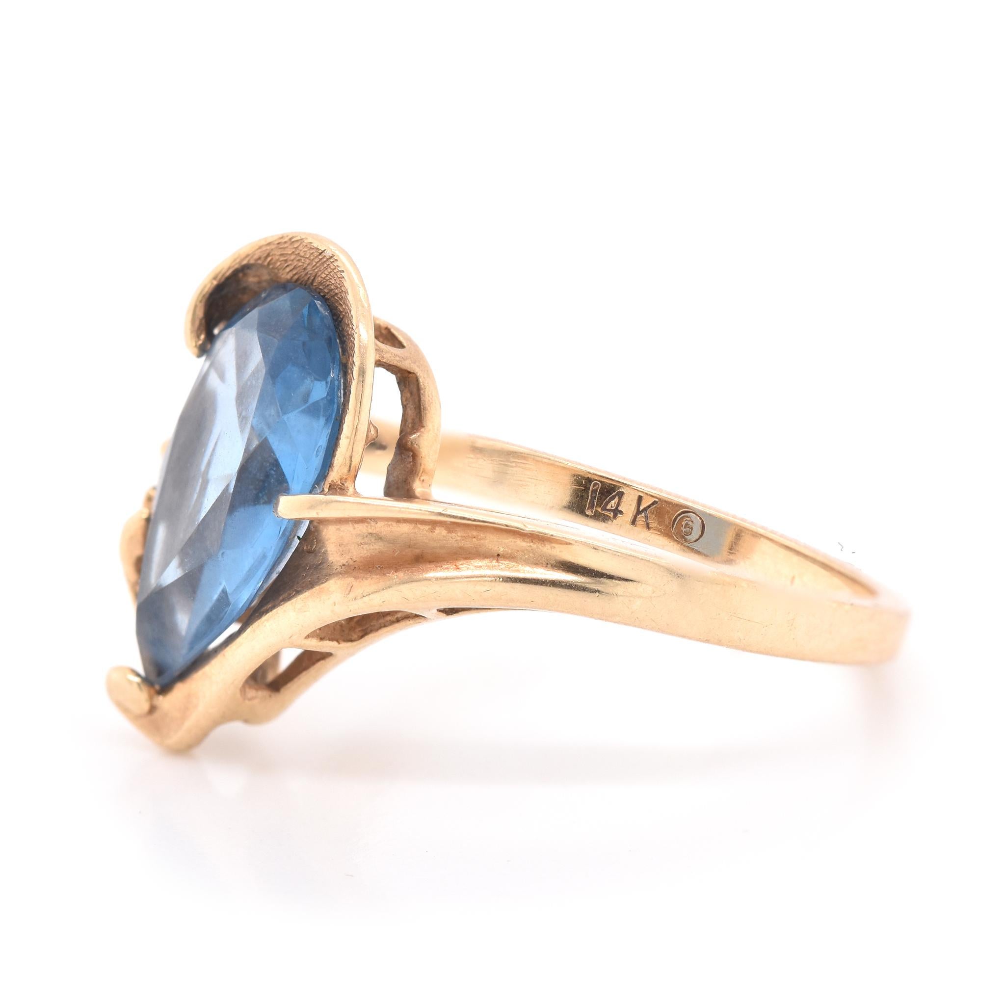 Designer: custom designed
Material: 14K yellow gold
Gemstone: Blue Topaz = 2.54ct Pear cut
Diamond: 1 round brilliant cut = .015ct
Color: H
Clarity: SI2
Ring Size: 7 (please allow up to 2 additional business days for sizing requests)
Dimensions: