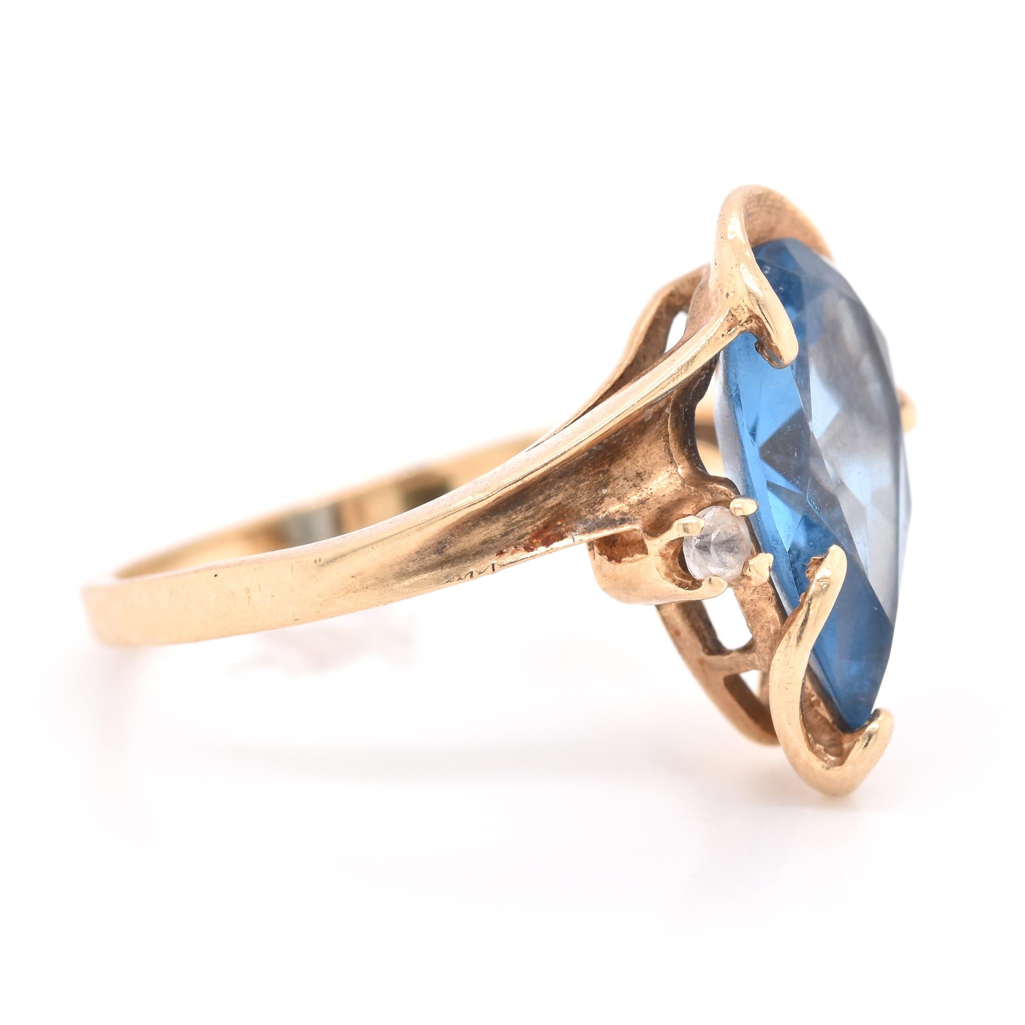 14 Karat Yellow Gold Pear Cut Blue Topaz and Diamond Ring In Excellent Condition In Scottsdale, AZ