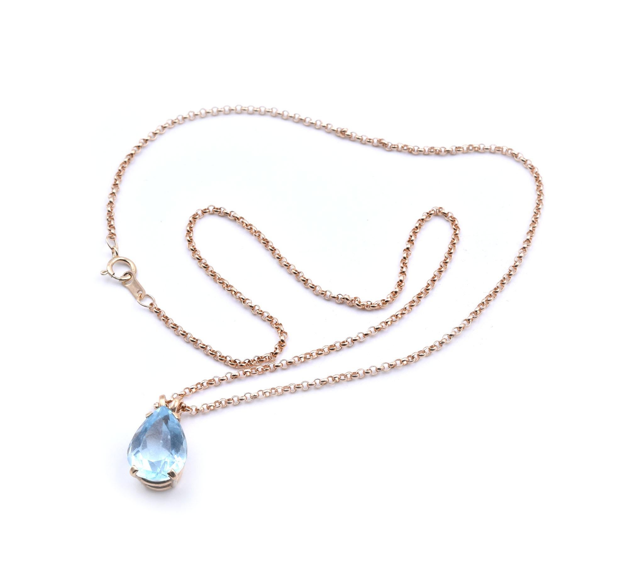 14 Karat Yellow Gold Pear Cut Blue Topaz Necklace In Excellent Condition In Scottsdale, AZ