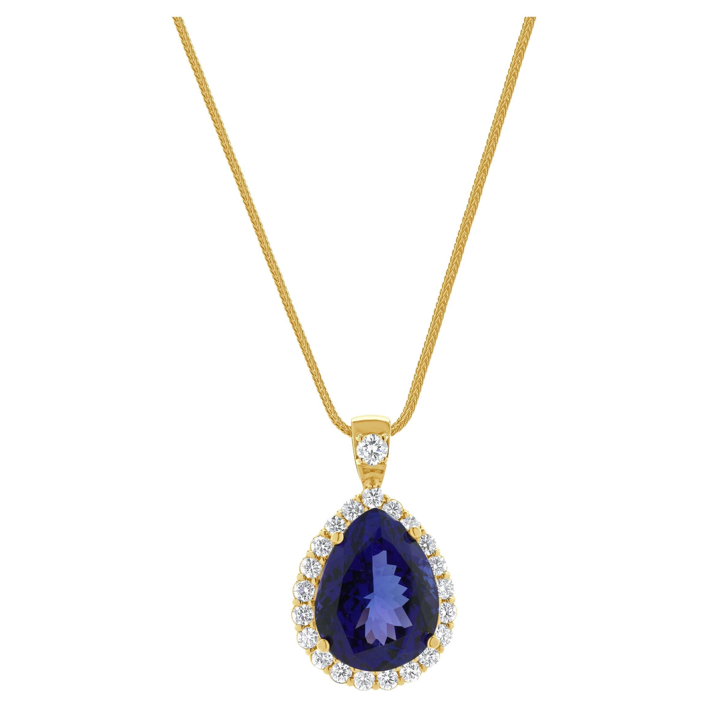 Collar Halo de Tanzanita y Diamantes en Oro Amarillo de 14 Kilates Corte Pera