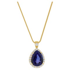 Collier en or jaune 14 carats avec halo de tanzanite et de diamants taille poire