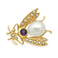 14 Karat Yellow Gold Pearl and Amethyst Bug Pin