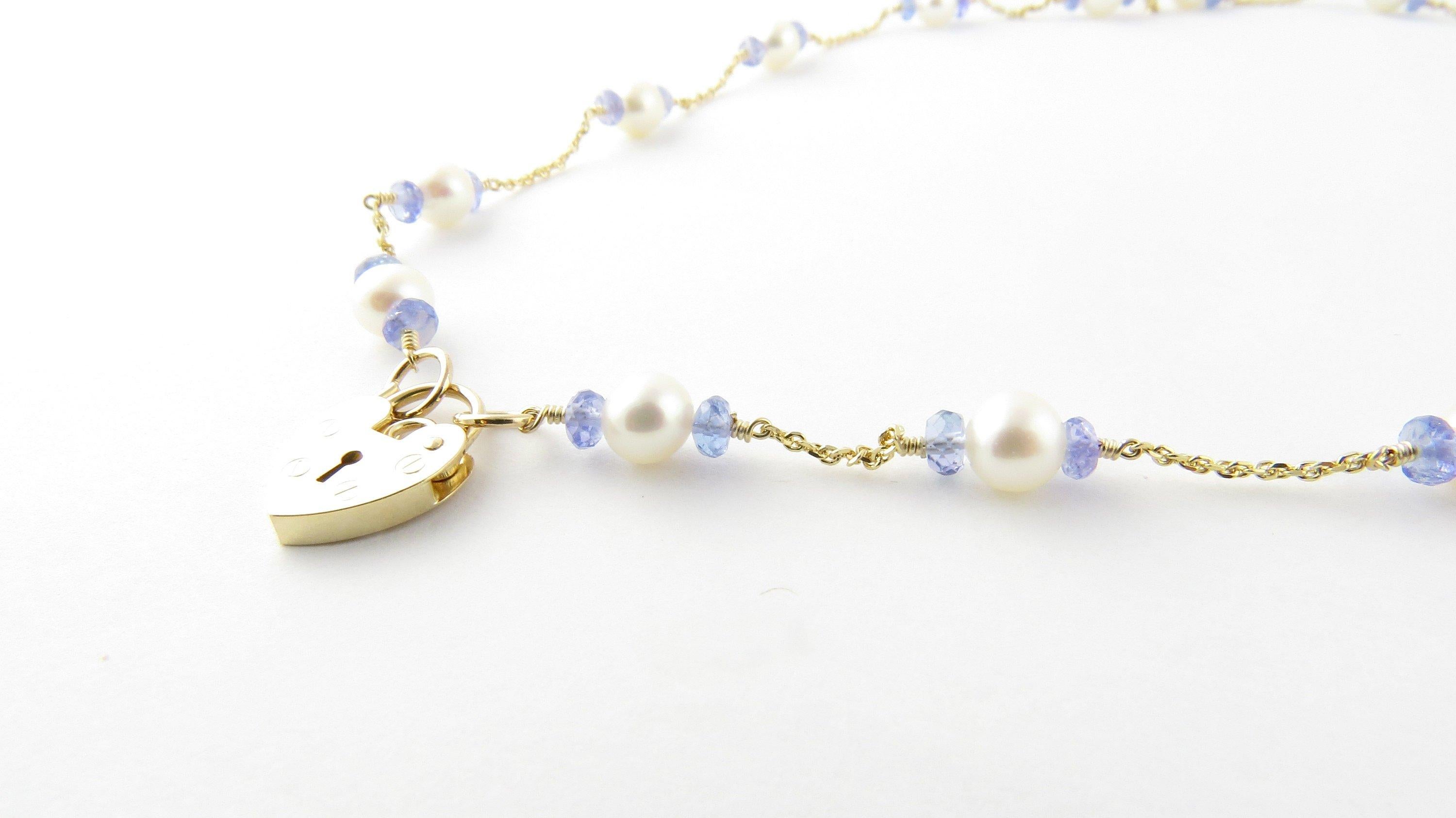 Women's 14 Karat Yellow Gold Pearl and Blue Bead Necklace