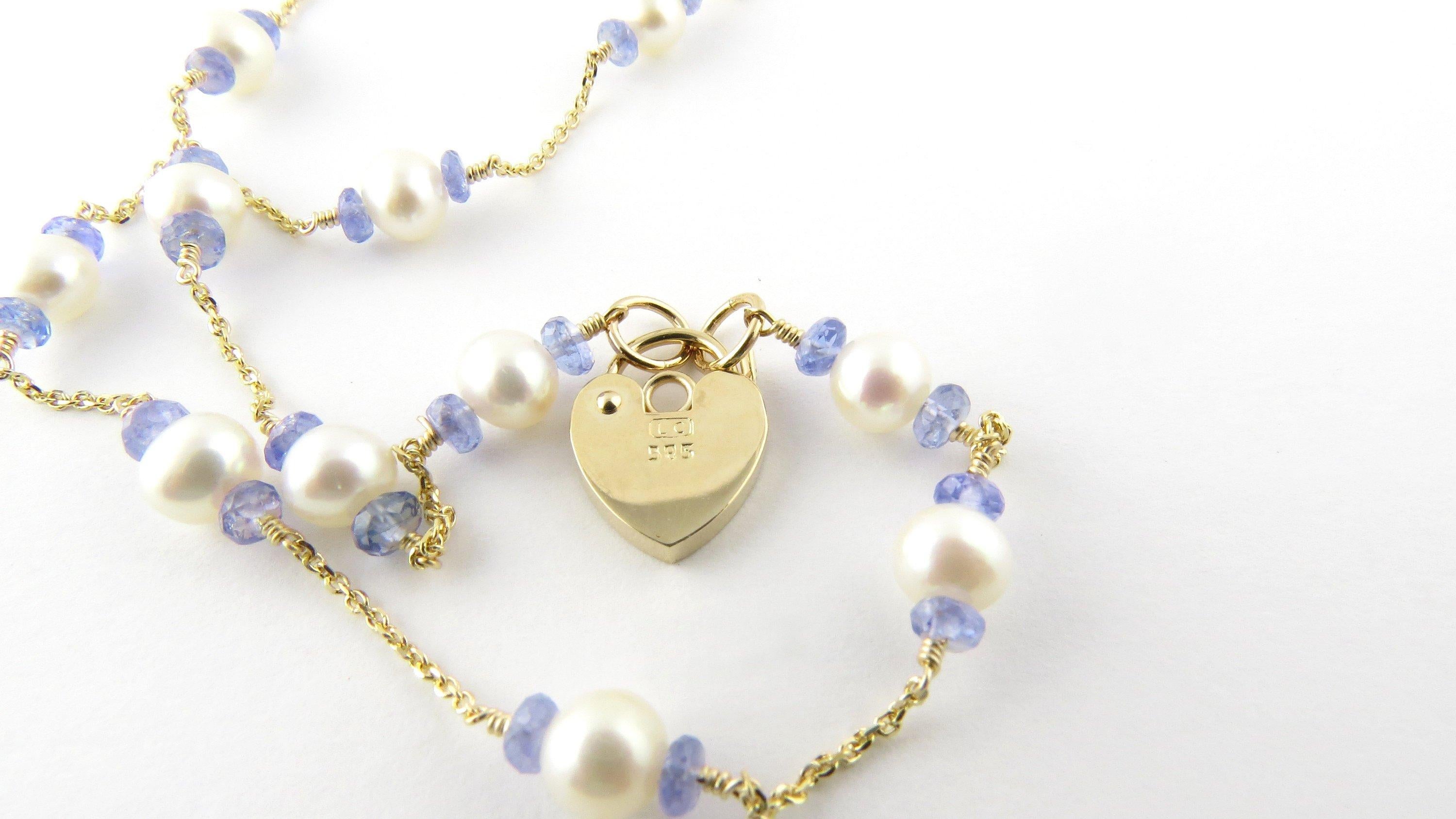 14 Karat Yellow Gold Pearl and Blue Bead Necklace 1