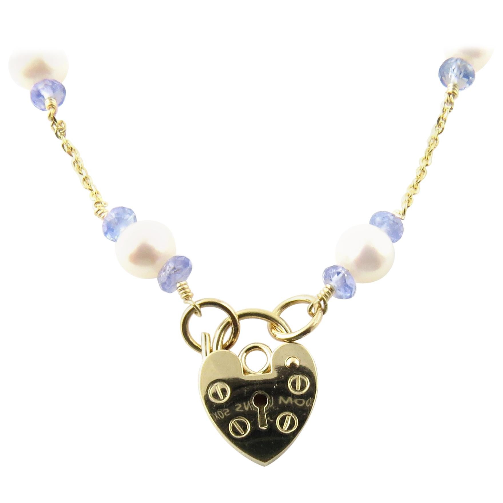 14 Karat Yellow Gold Pearl and Blue Bead Necklace