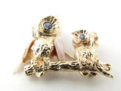 14 Karat Yellow Gold Pearl and Blue Topaz Owl Brooch or Pin