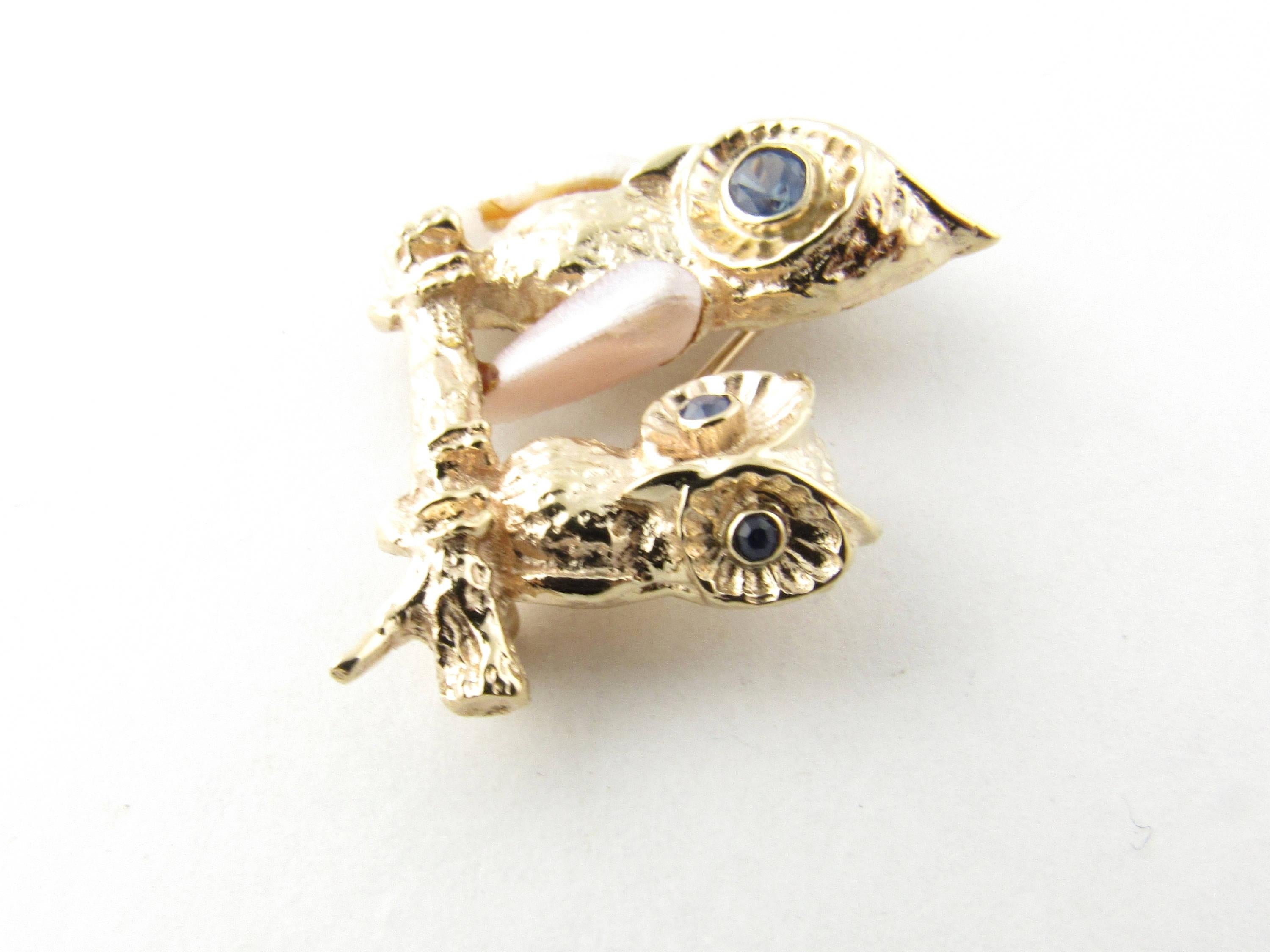 14 Karat Yellow Gold Pearl and Blue Topaz Owl Brooch or Pin In Excellent Condition In Washington Depot, CT