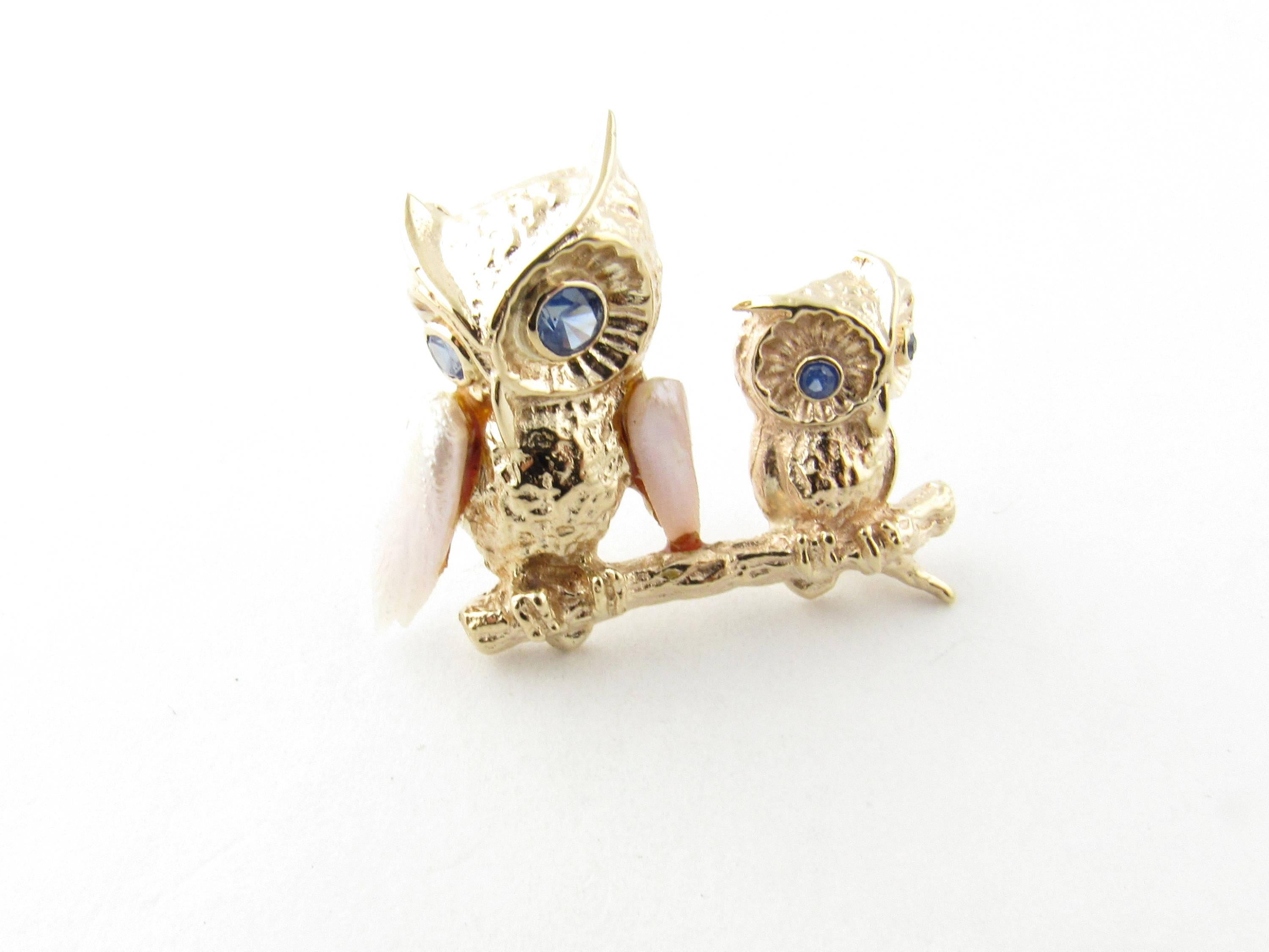 14 Karat Yellow Gold Pearl and Blue Topaz Owl Brooch or Pin 1