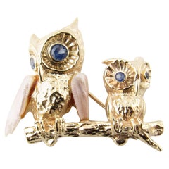 Vintage 14 Karat Yellow Gold Pearl and Blue Topaz Owl Brooch or Pin