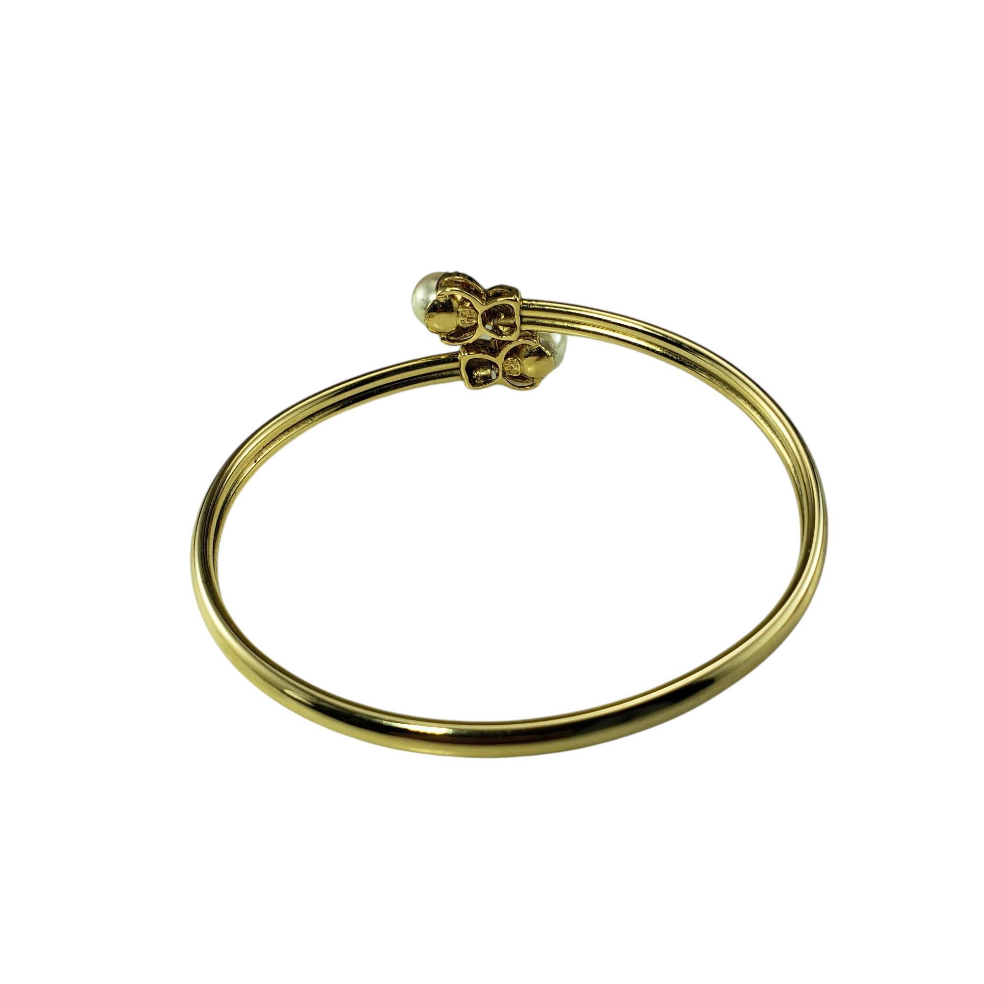 Round Cut 14 Karat Yellow Gold Pearl and Diamond Bangle Bracelet #19741 For Sale