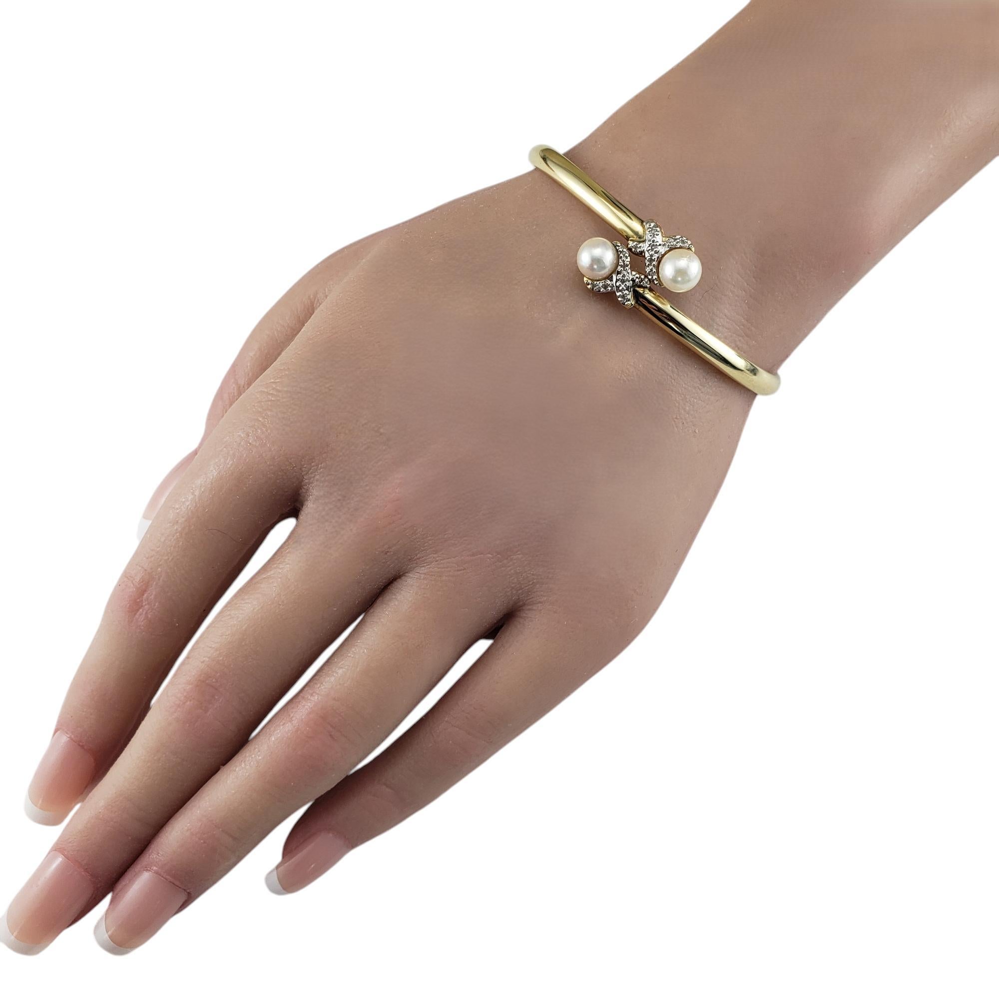 Women's 14 Karat Yellow Gold Pearl and Diamond Bangle Bracelet #19741 For Sale