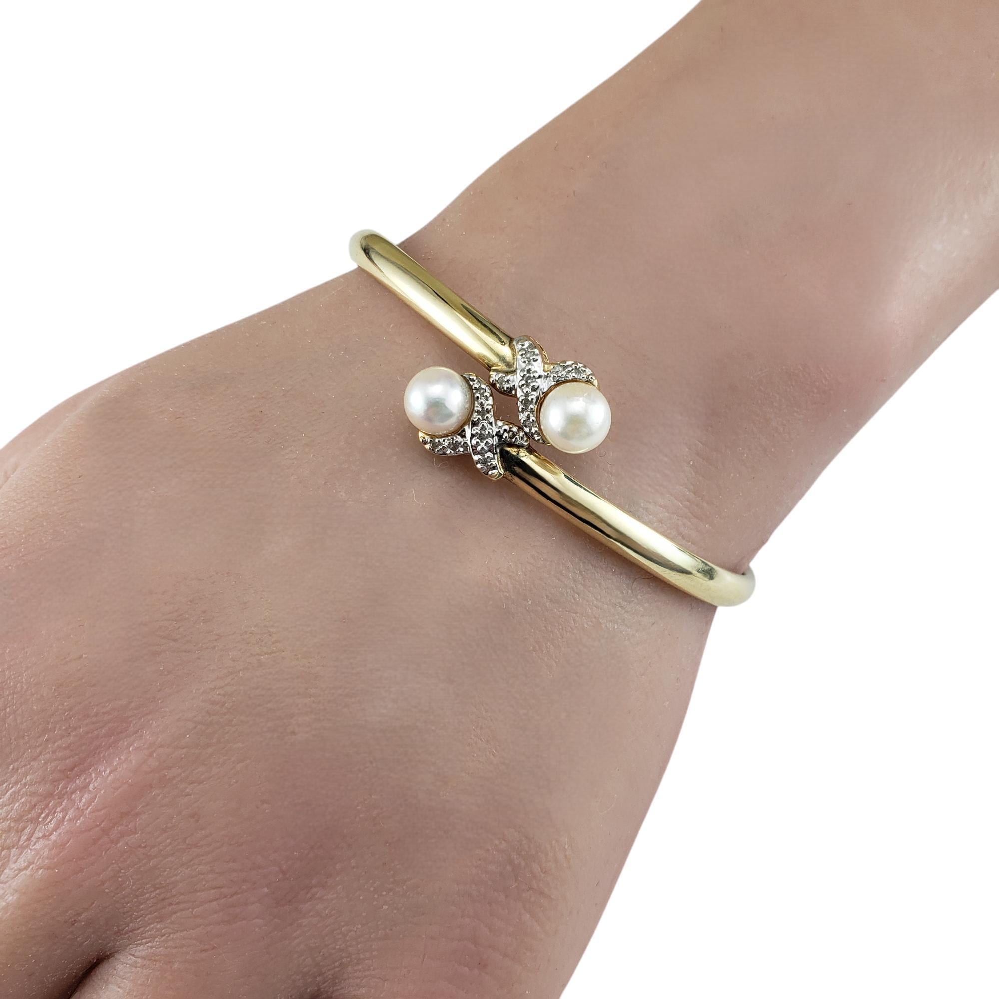 14 Karat Yellow Gold Pearl and Diamond Bangle Bracelet #19741 For Sale 1