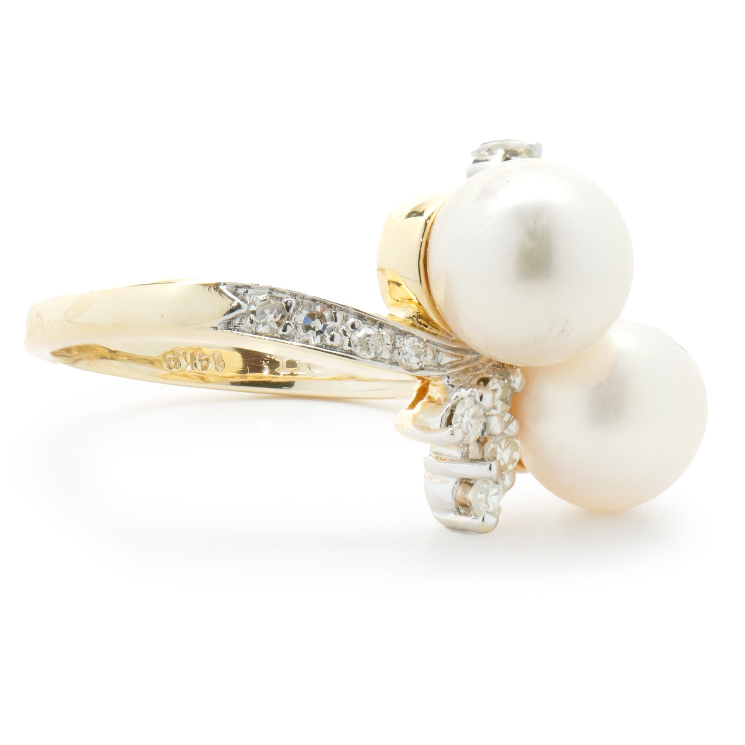 Round Cut 14 Karat Yellow Gold Pearl and Diamond Bypass Ring For Sale