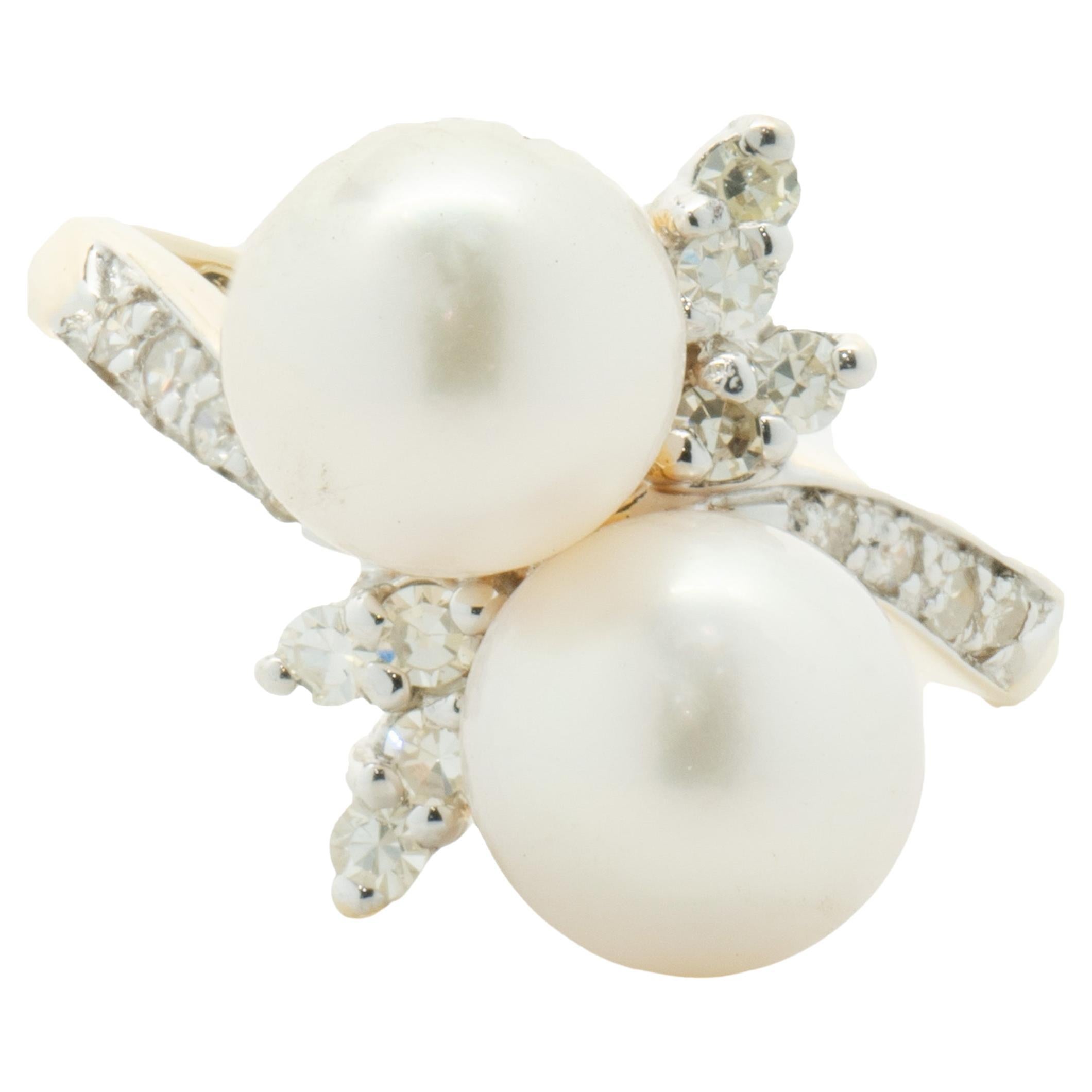 14 Karat Yellow Gold Pearl and Diamond Bypass Ring For Sale