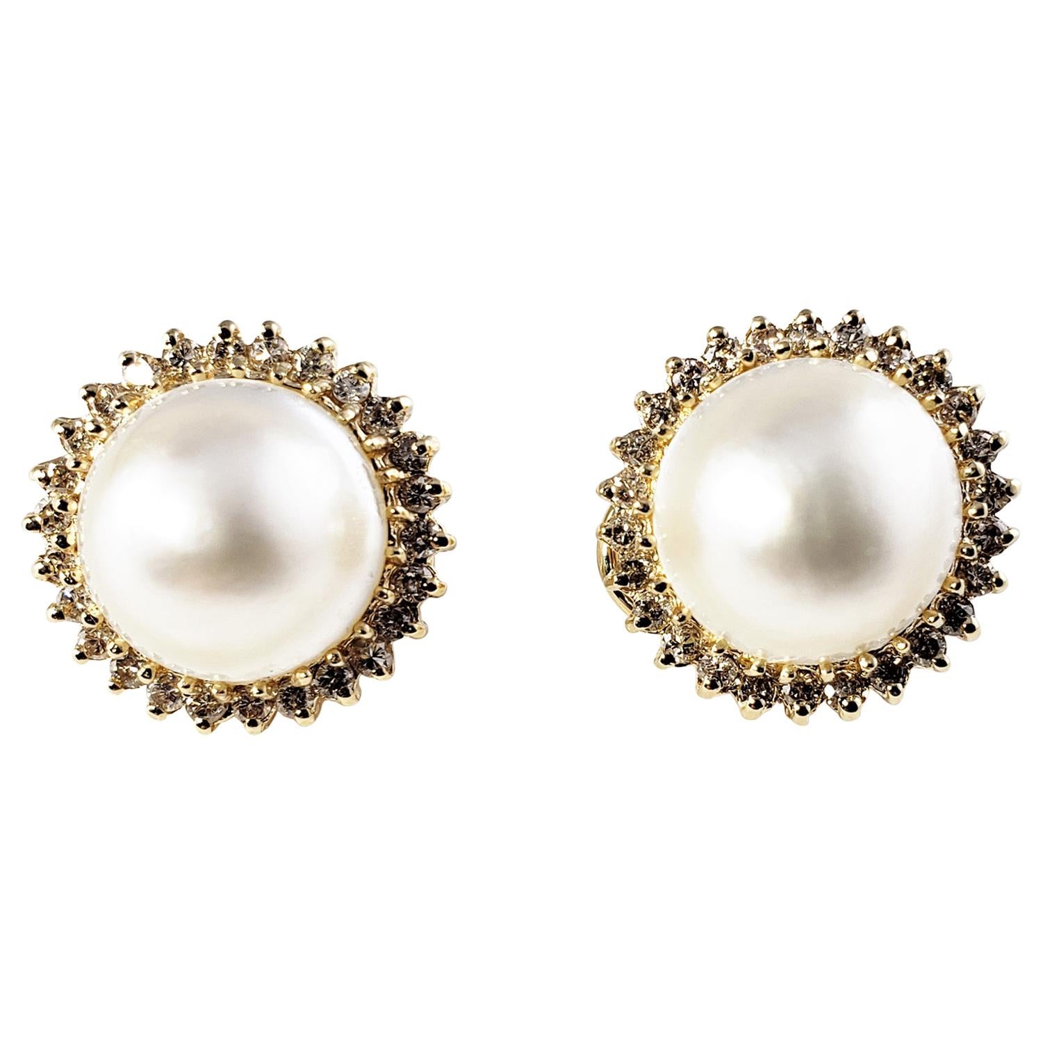 14 Karat Yellow Gold Pearl and Diamond Clip On Earrings For Sale