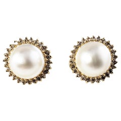 Vintage 14 Karat Yellow Gold Pearl and Diamond Clip On Earrings