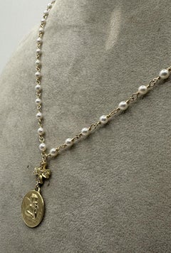 14 Karat Yellow Gold Pearl and Diamond Cross-Medallion Necklace