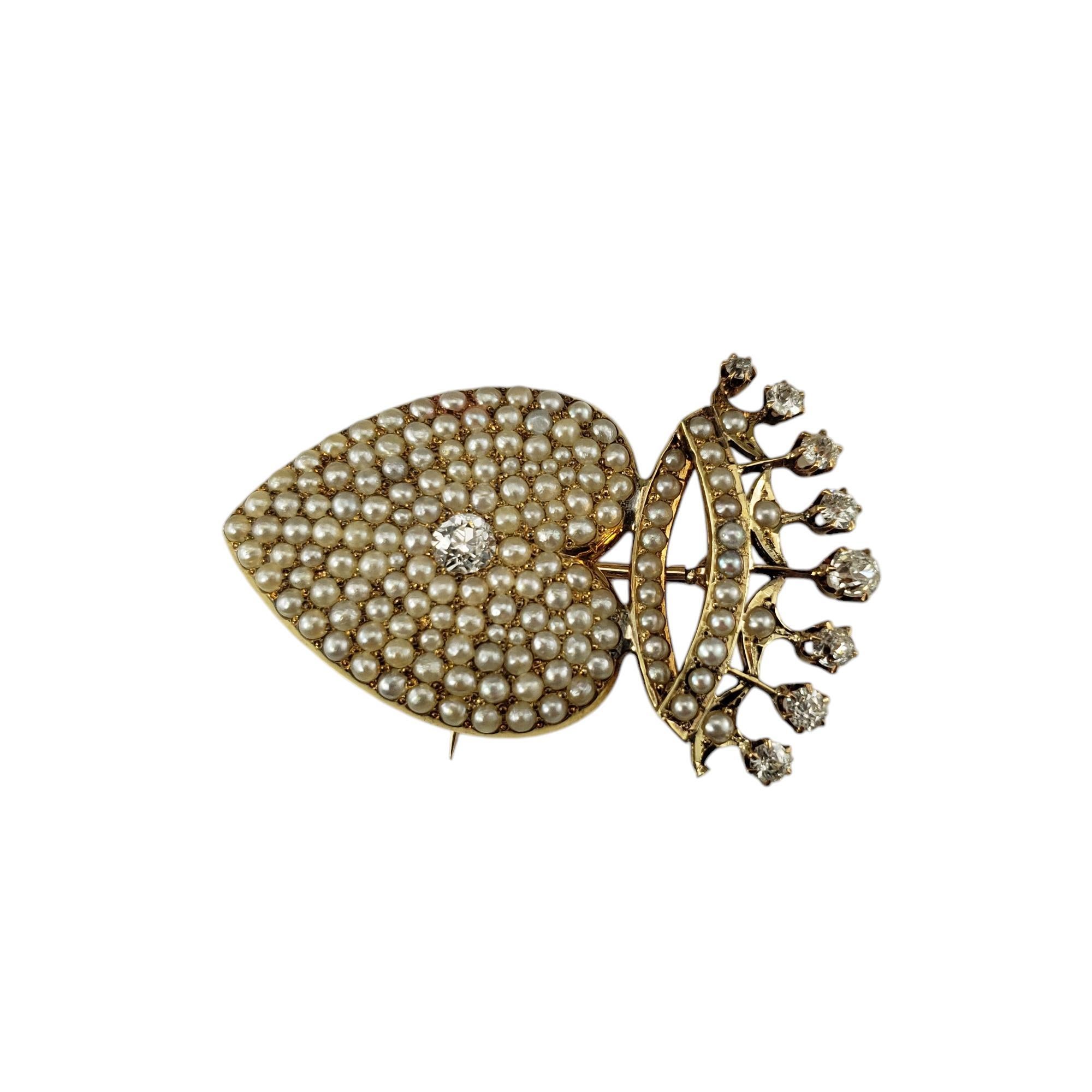Victorian 14 Karat Yellow Gold Pearl and Diamond Crowned Heart Brooch/Pin #19750 For Sale