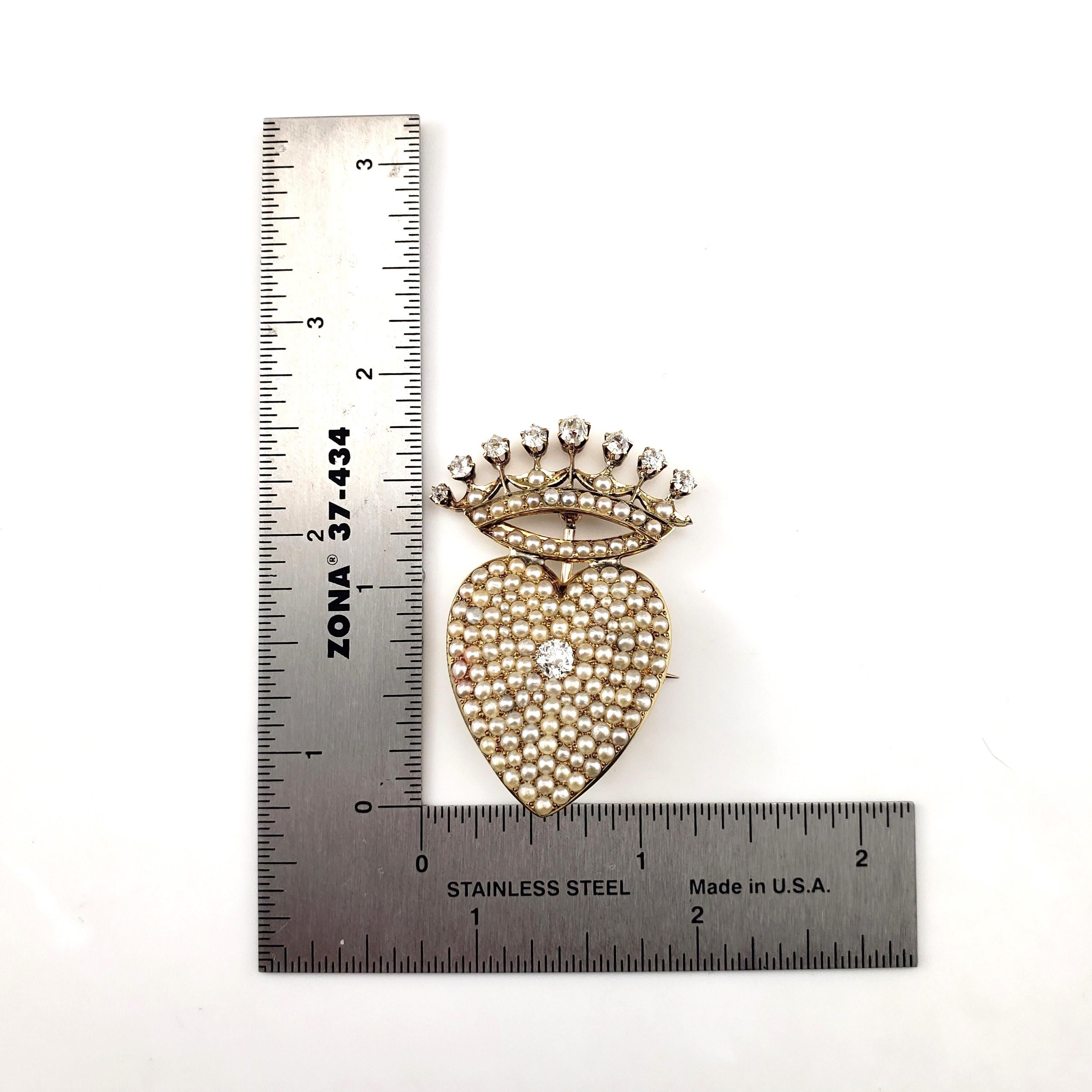 Women's 14 Karat Yellow Gold Pearl and Diamond Crowned Heart Brooch/Pin #19750 For Sale
