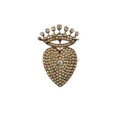 14 Karat Yellow Gold Pearl and Diamond Crowned Heart Brooch/Pin #19750