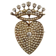 14 Karat Yellow Gold Pearl and Diamond Crowned Heart Brooch/Pin #22927