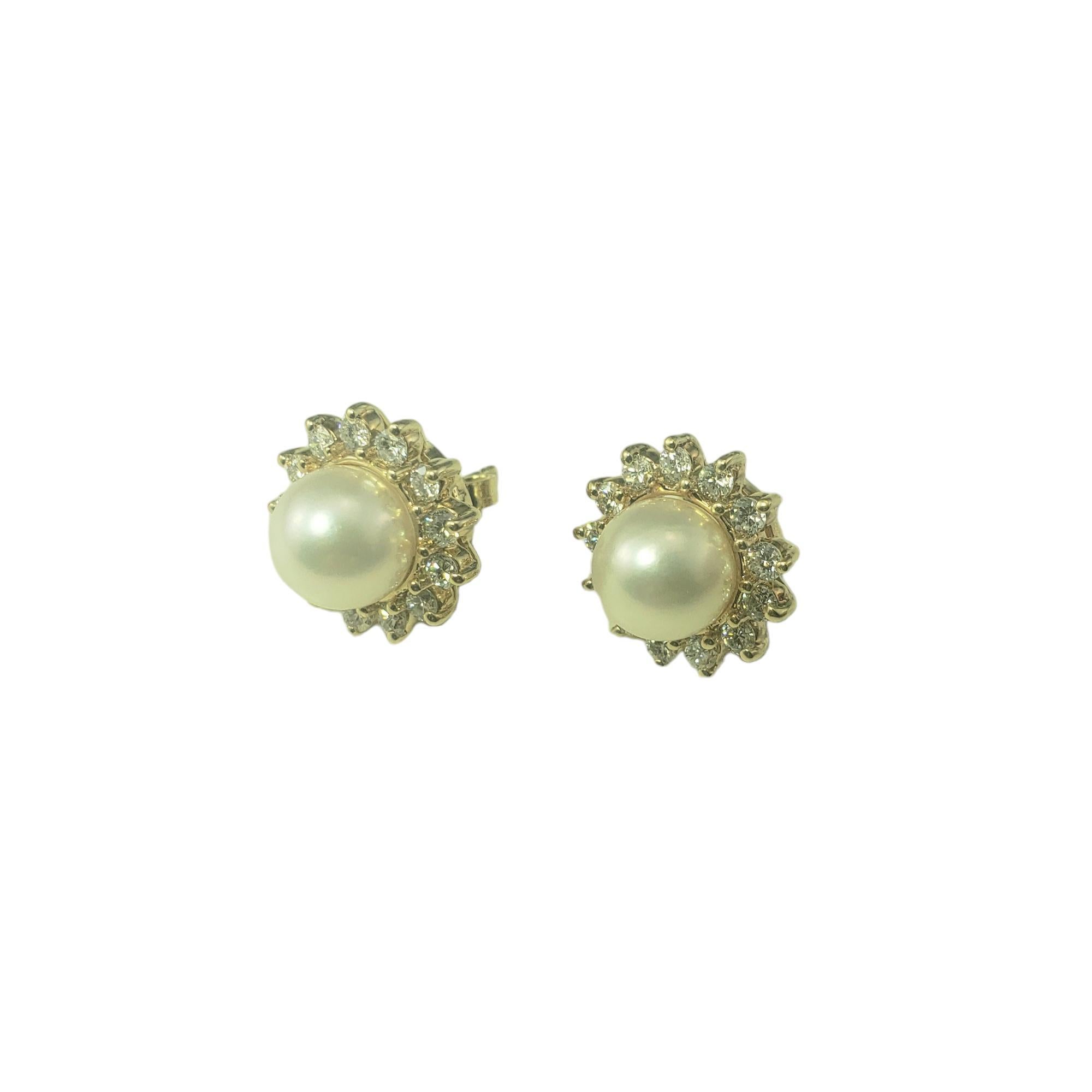 Round Cut 14 Karat Yellow Gold Pearl and Diamond Earrings #16709 For Sale