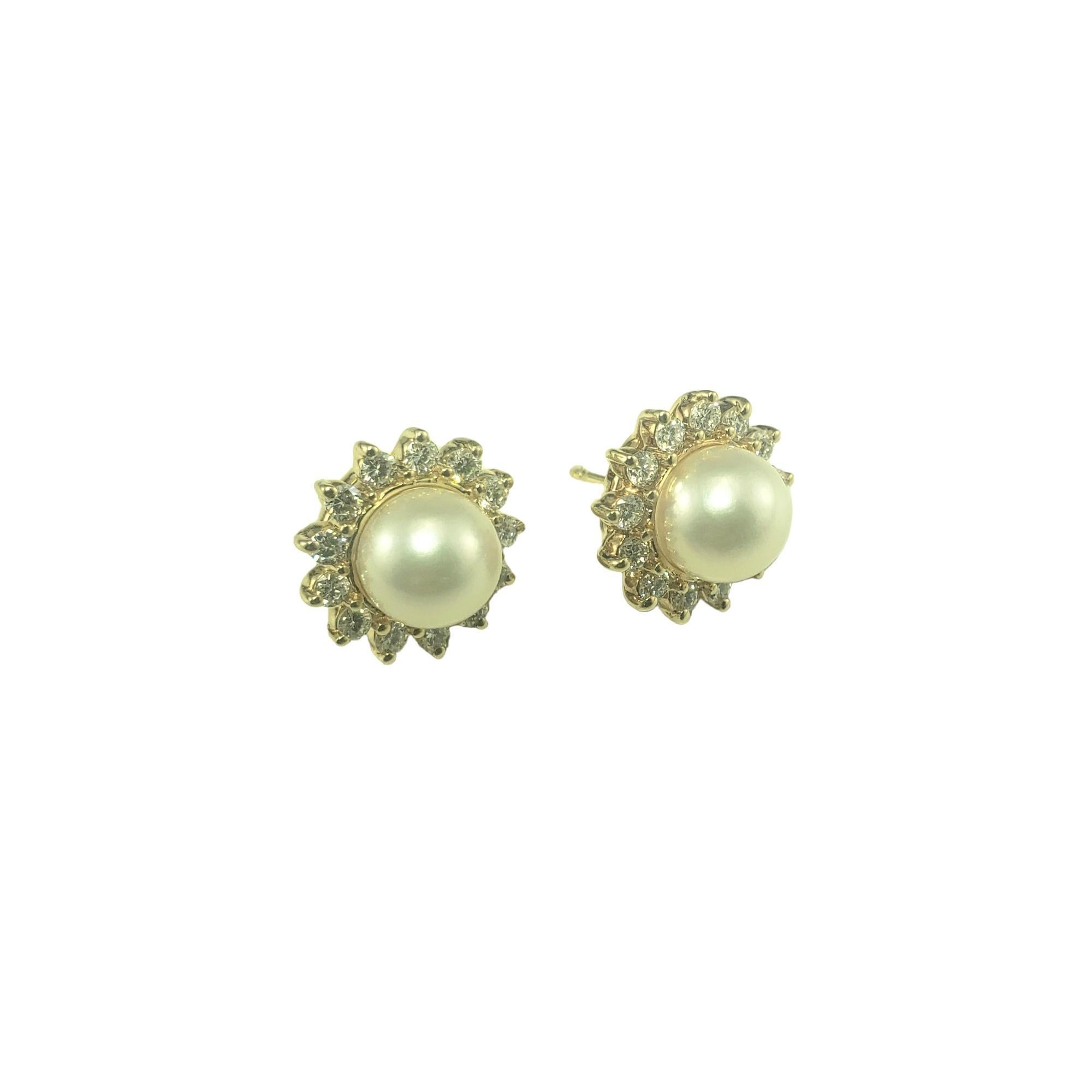 14 Karat Yellow Gold Pearl and Diamond Earrings #16709 In Good Condition For Sale In Washington Depot, CT