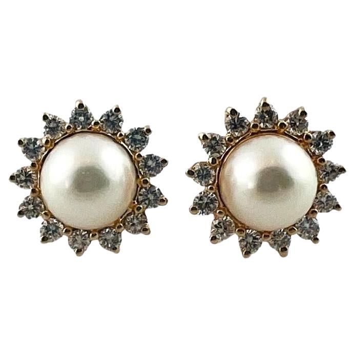 14 Karat Yellow Gold Pearl and Diamond Earrings #16709 For Sale
