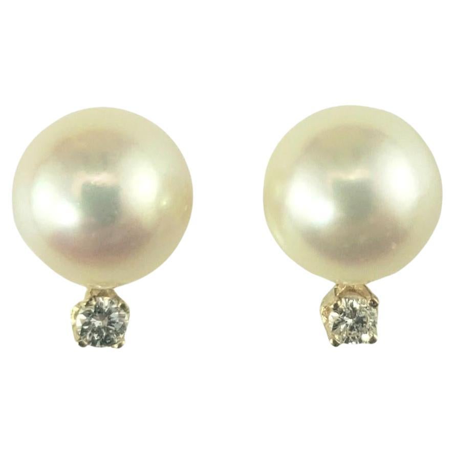 14 Karat Yellow Gold Pearl and Diamond Earrings #16724 For Sale
