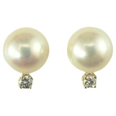 14 Karat Yellow Gold Pearl and Diamond Earrings #16724
