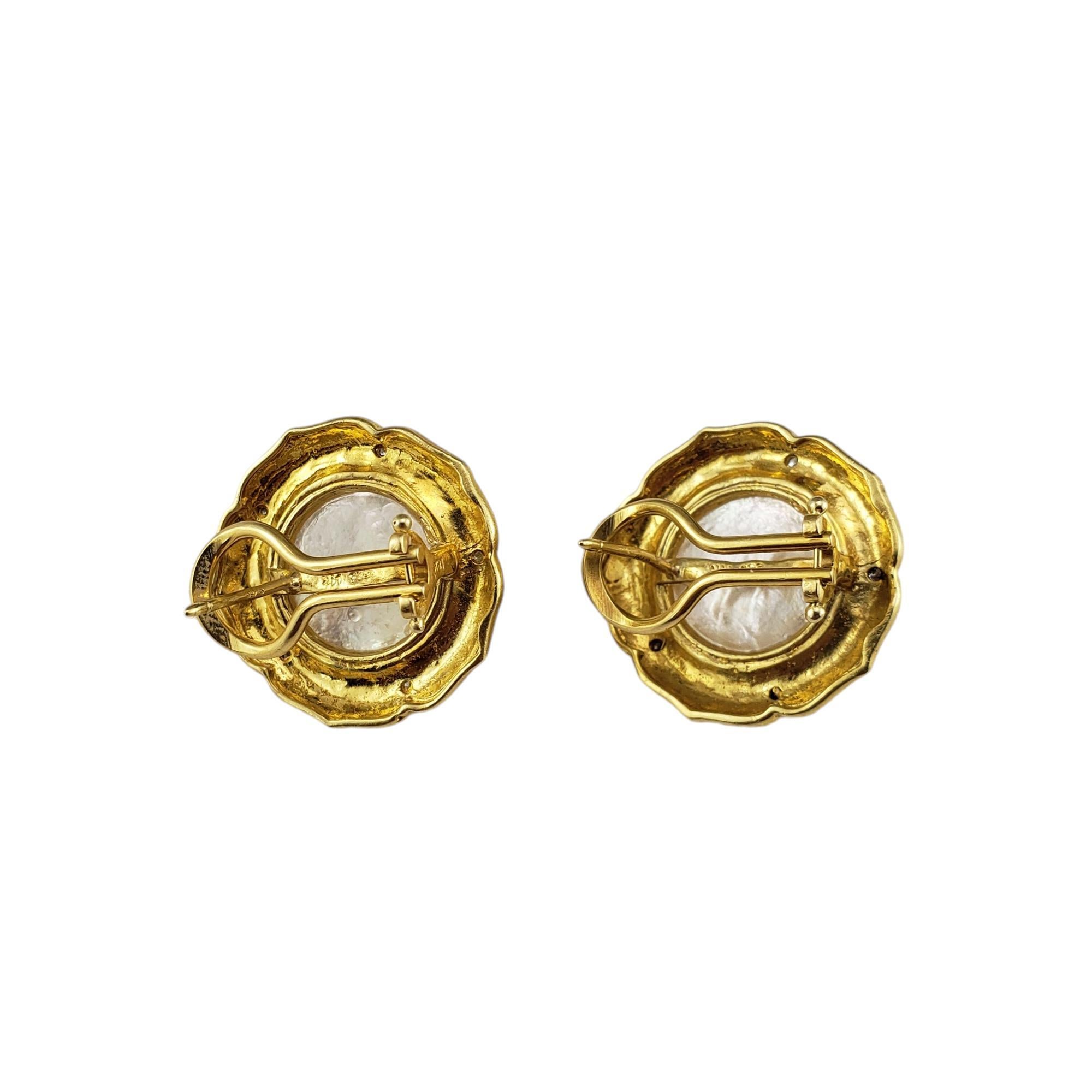 Round Cut 14 Karat Yellow Gold Pearl and Diamond Earrings #18983 For Sale