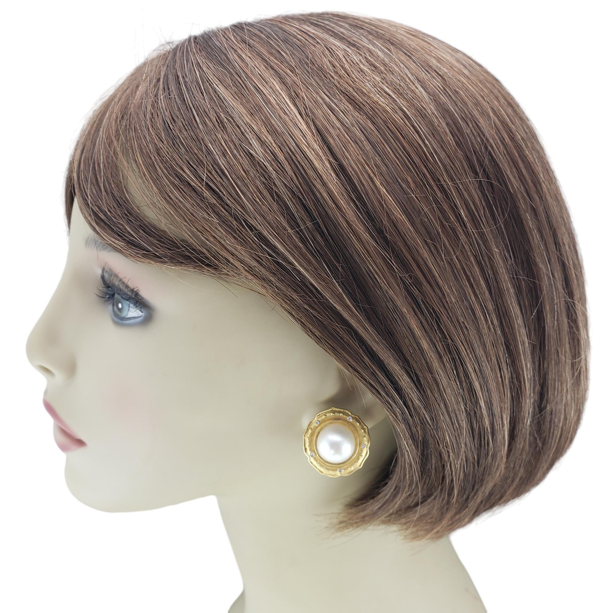 Women's 14 Karat Yellow Gold Pearl and Diamond Earrings #18983 For Sale