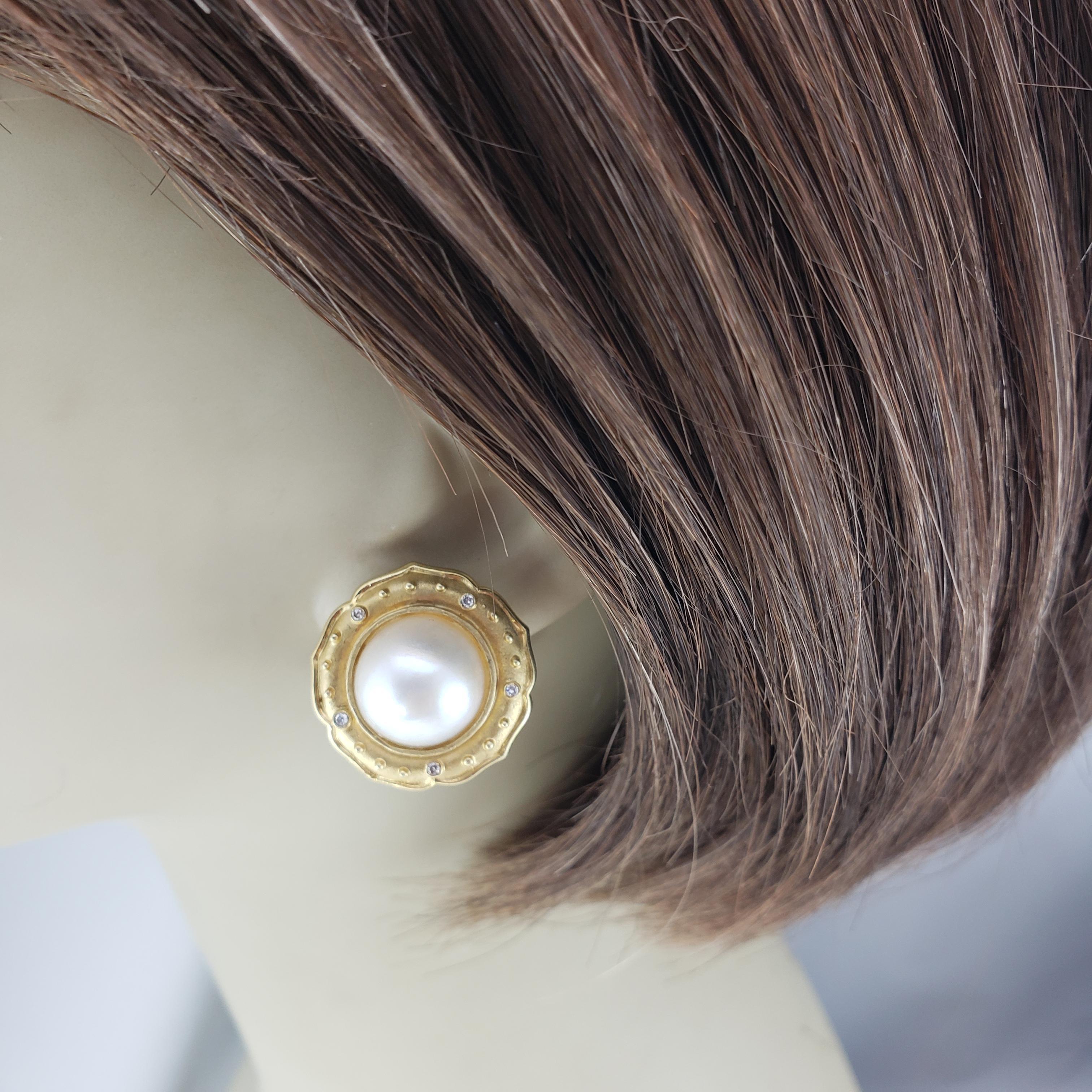 14 Karat Yellow Gold Pearl and Diamond Earrings #18983 For Sale 1