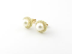 14 Karat Yellow Gold Pearl and Diamond Earrings