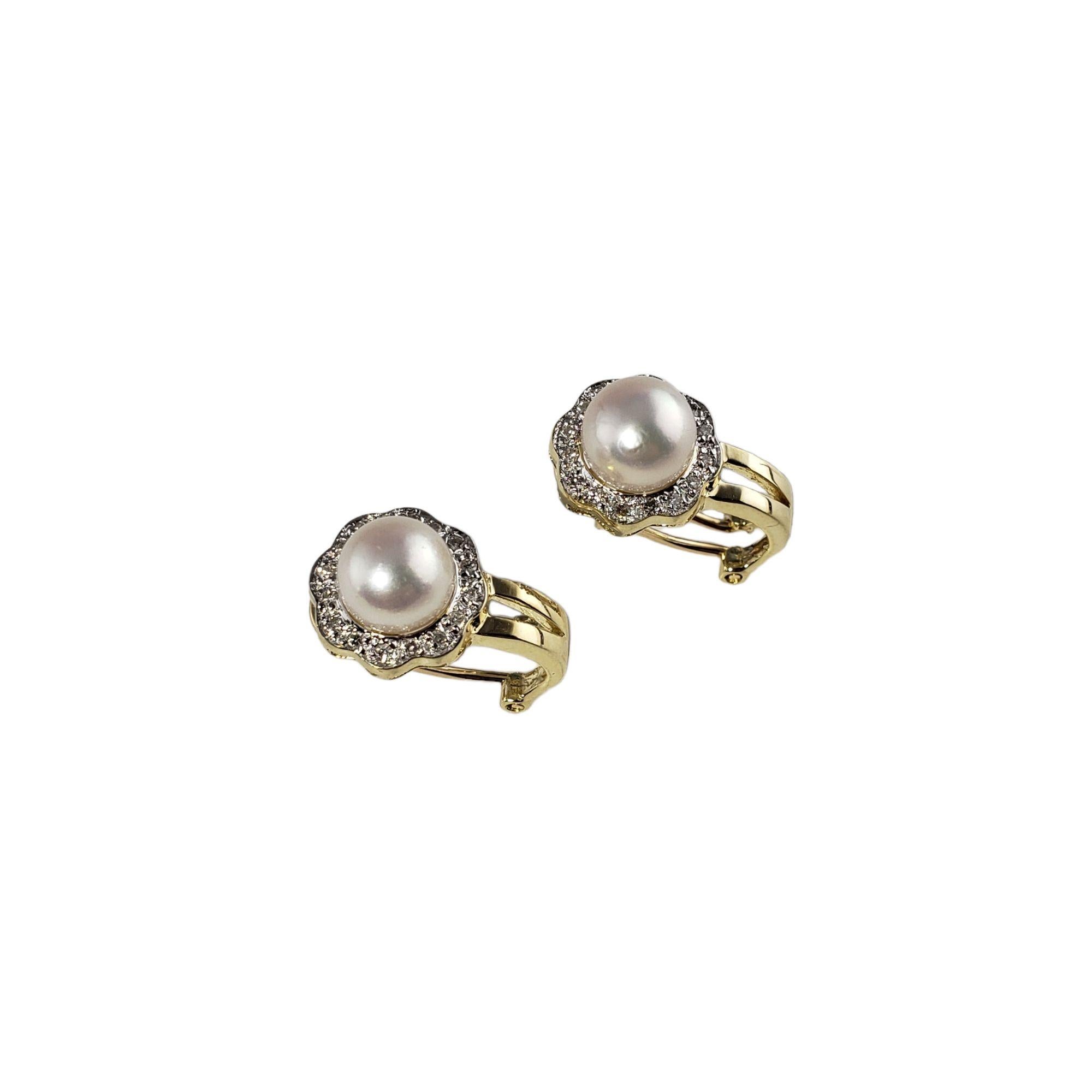 Round Cut 14 Karat Yellow Gold Pearl and Diamond Earrings For Sale