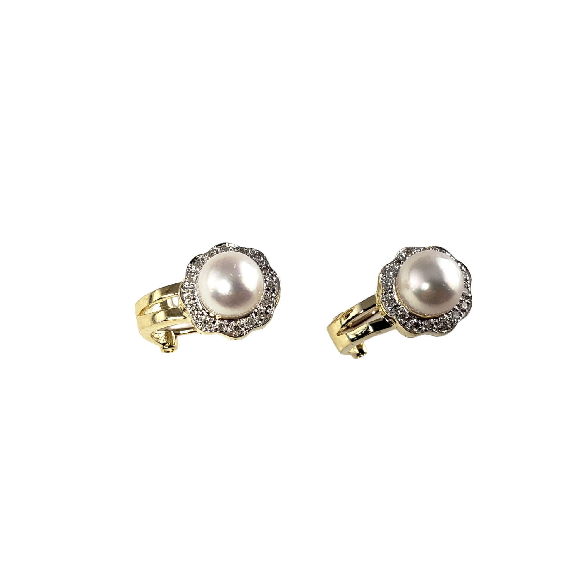 14 Karat Yellow Gold Pearl and Diamond Earrings In Good Condition For Sale In Washington Depot, CT