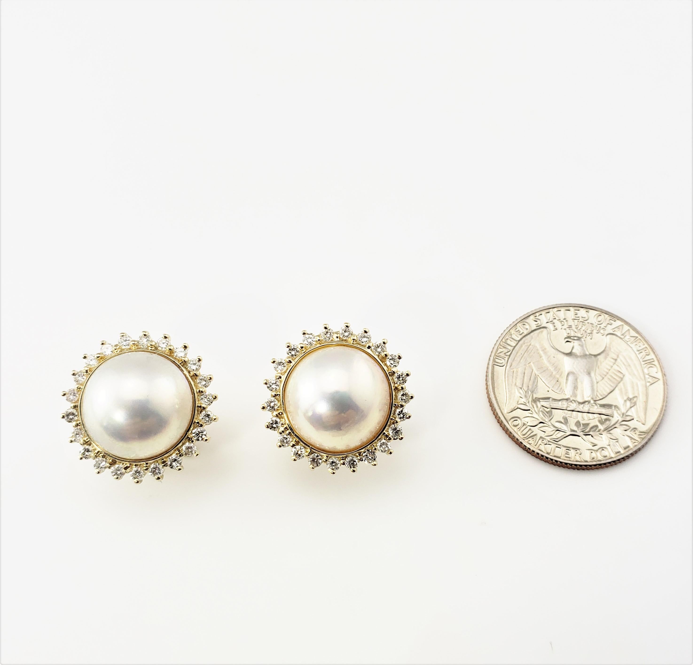 Women's 14 Karat Yellow Gold Pearl and Diamond Earrings For Sale