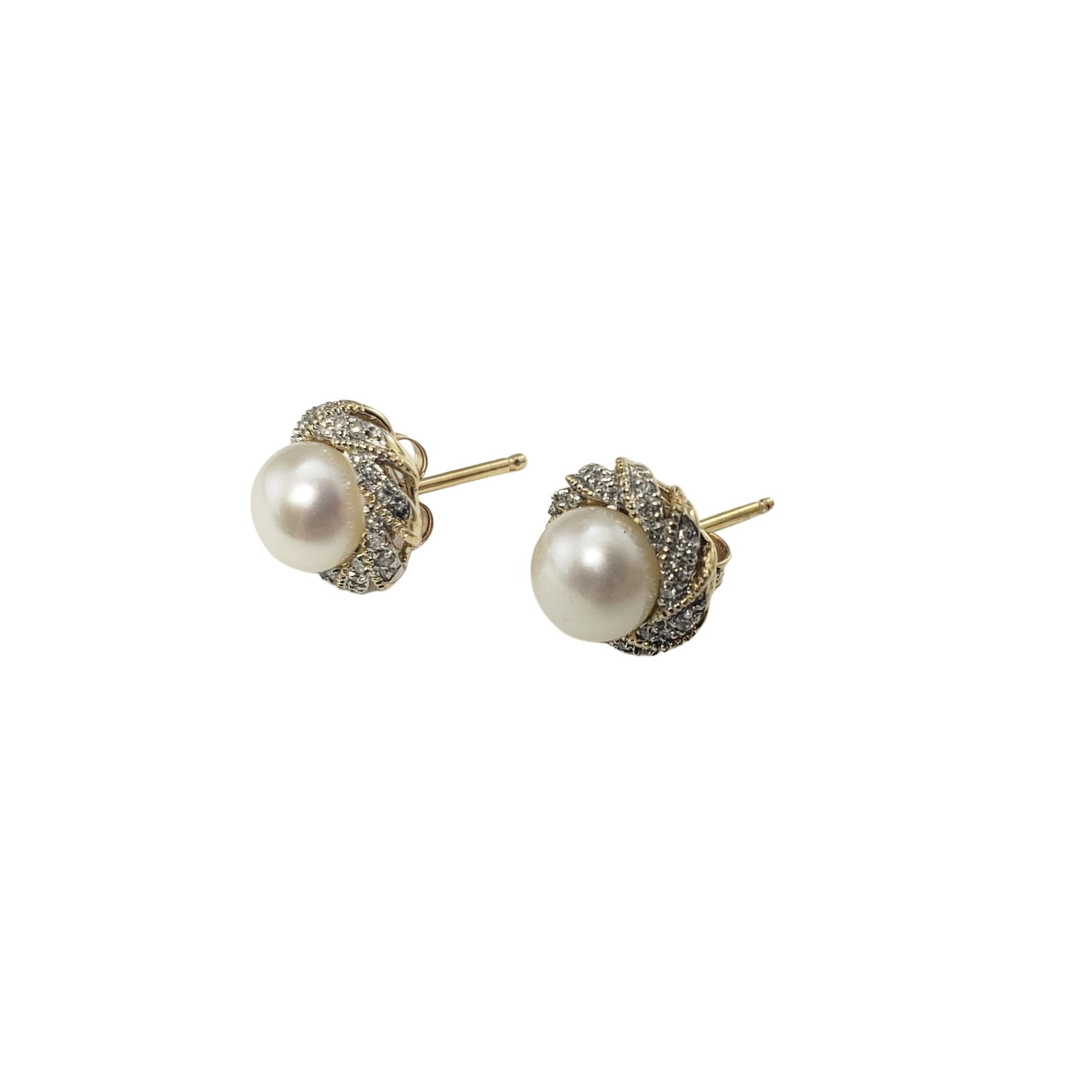 Women's 14 Karat Yellow Gold Pearl and Diamond Earrings For Sale