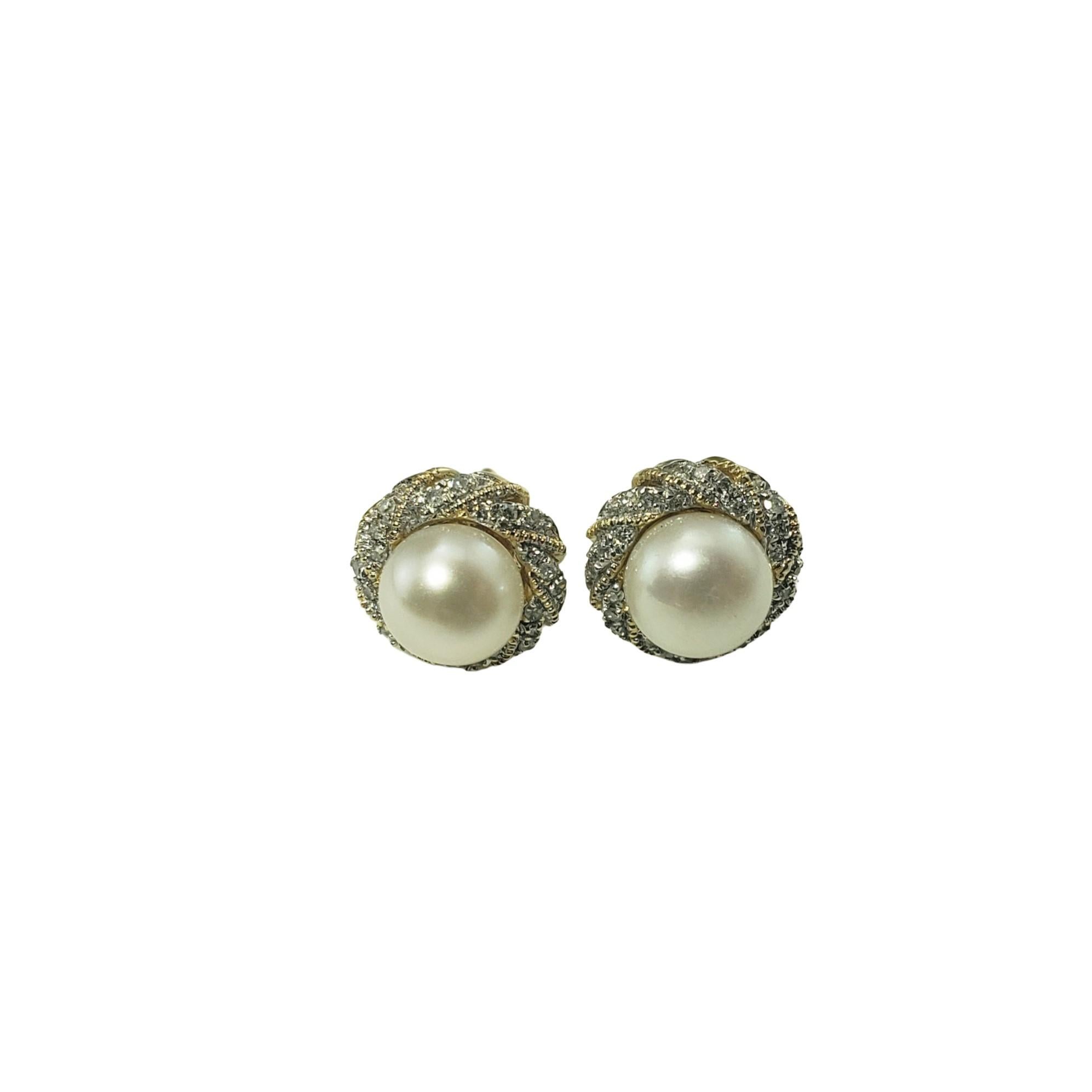 14 Karat Yellow Gold Pearl and Diamond Earrings For Sale 1