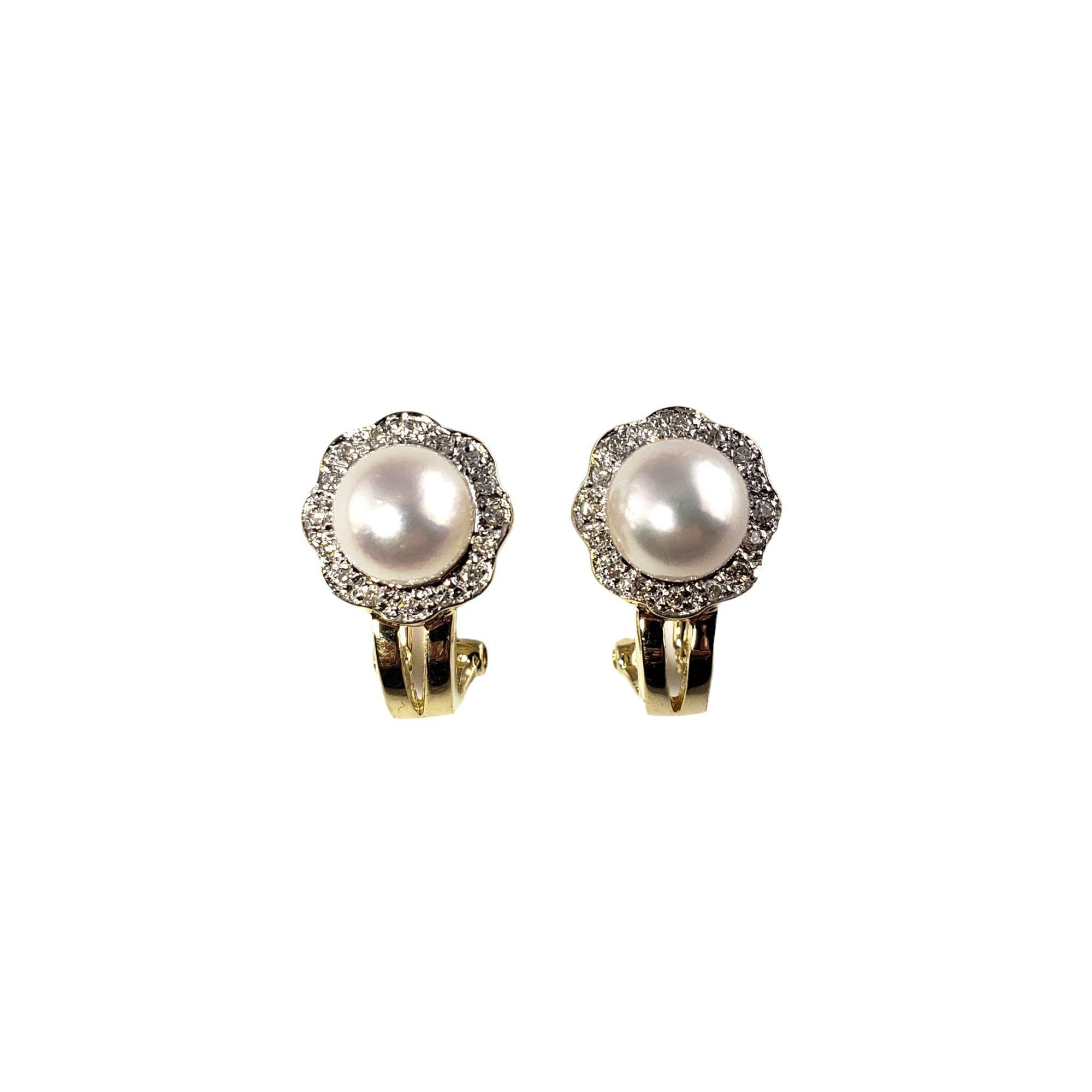 14 Karat Yellow Gold Pearl and Diamond Earrings For Sale 1