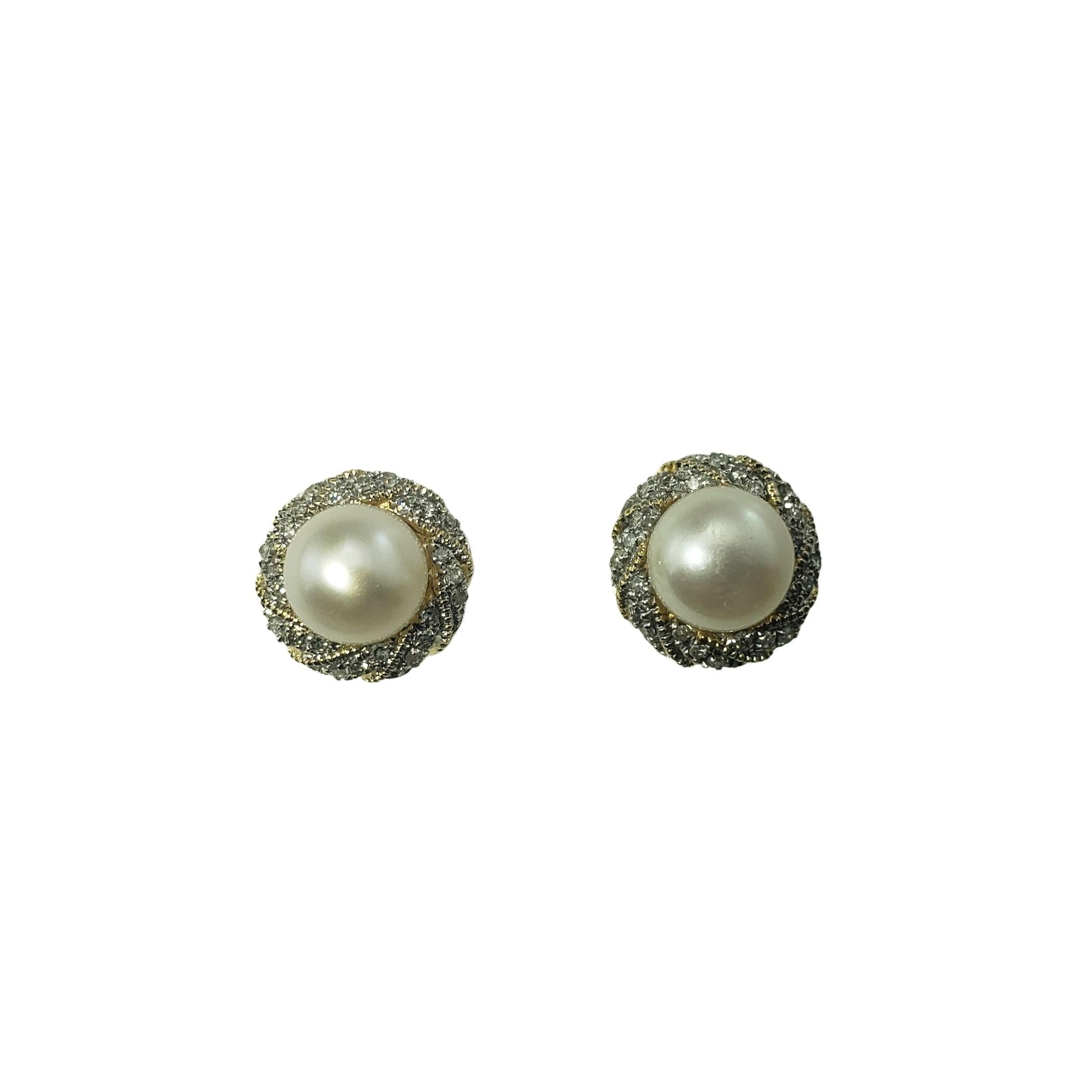 14 Karat Yellow Gold Pearl and Diamond Earrings For Sale 2